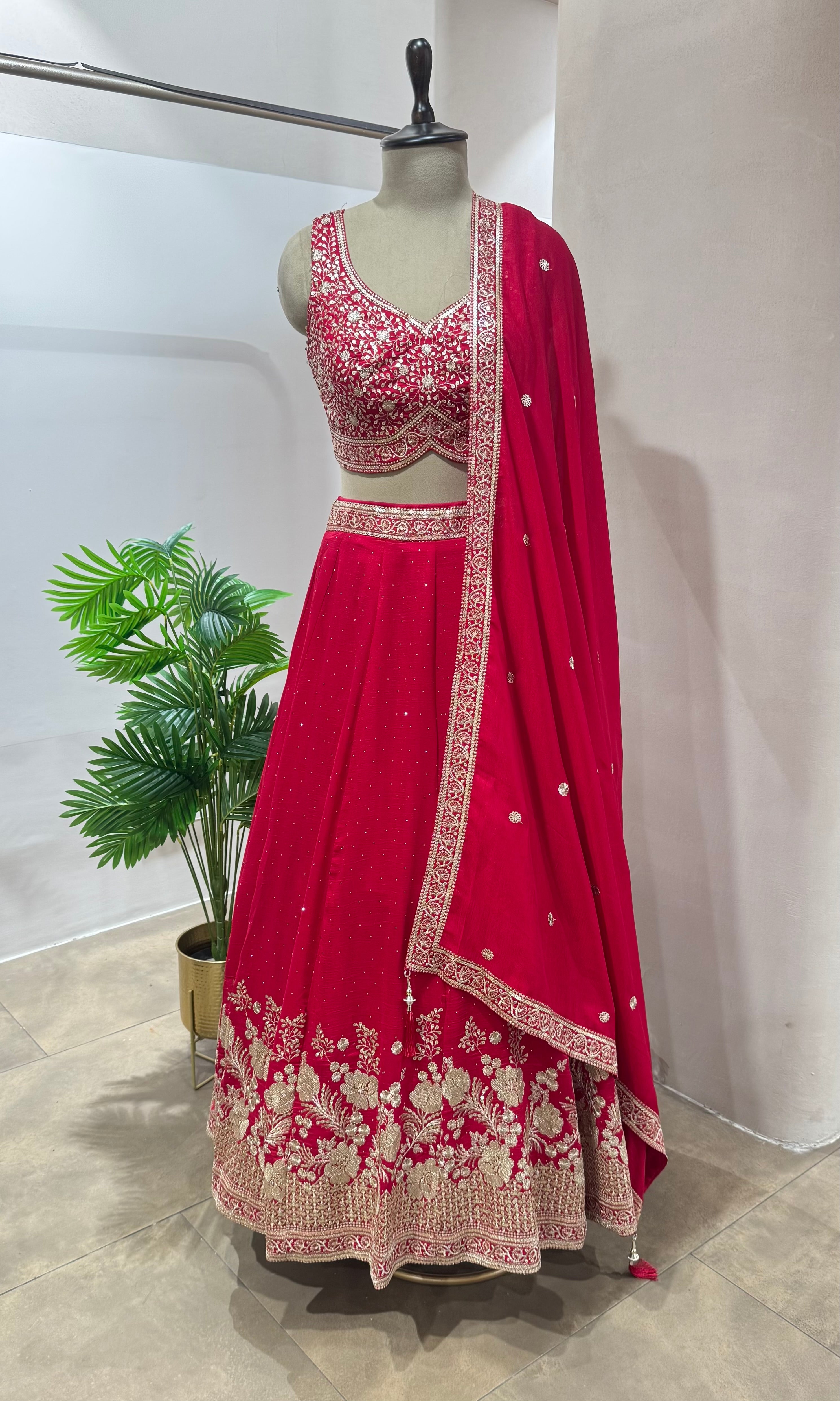 Rani pink GOLDEN FLORAL EMBROIDERY Lehenga