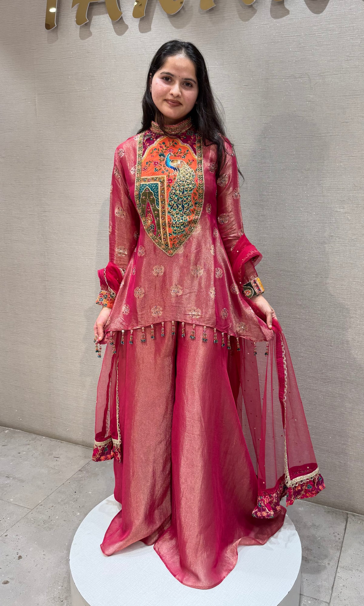 Pink Mayura Embroidered Shimmer Silk Palazzo Set