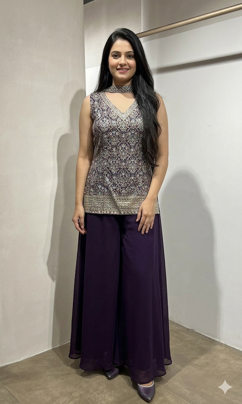 Wine EMBROIDERED PEPLUM PALAZZO SET