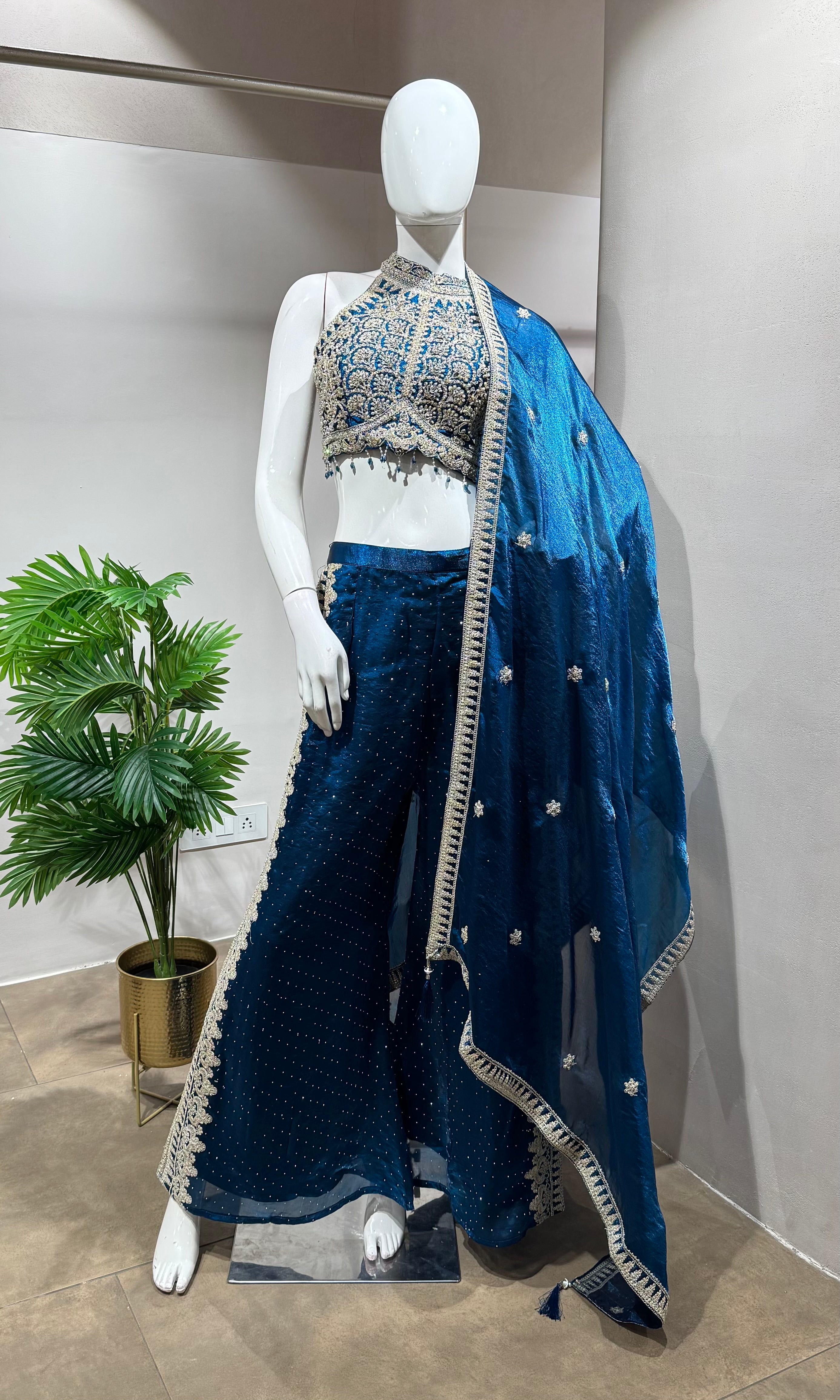 BLUE EMBROIDERED HALTER CROP TOP PALAZZO SET