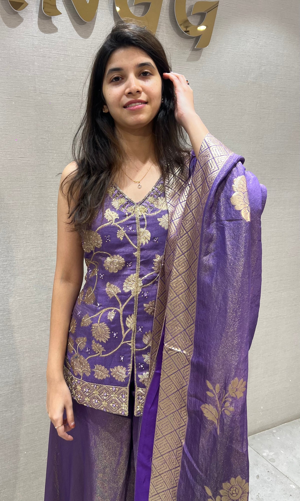 Purple tissue silk Embroidered Peplum Palazzo set
