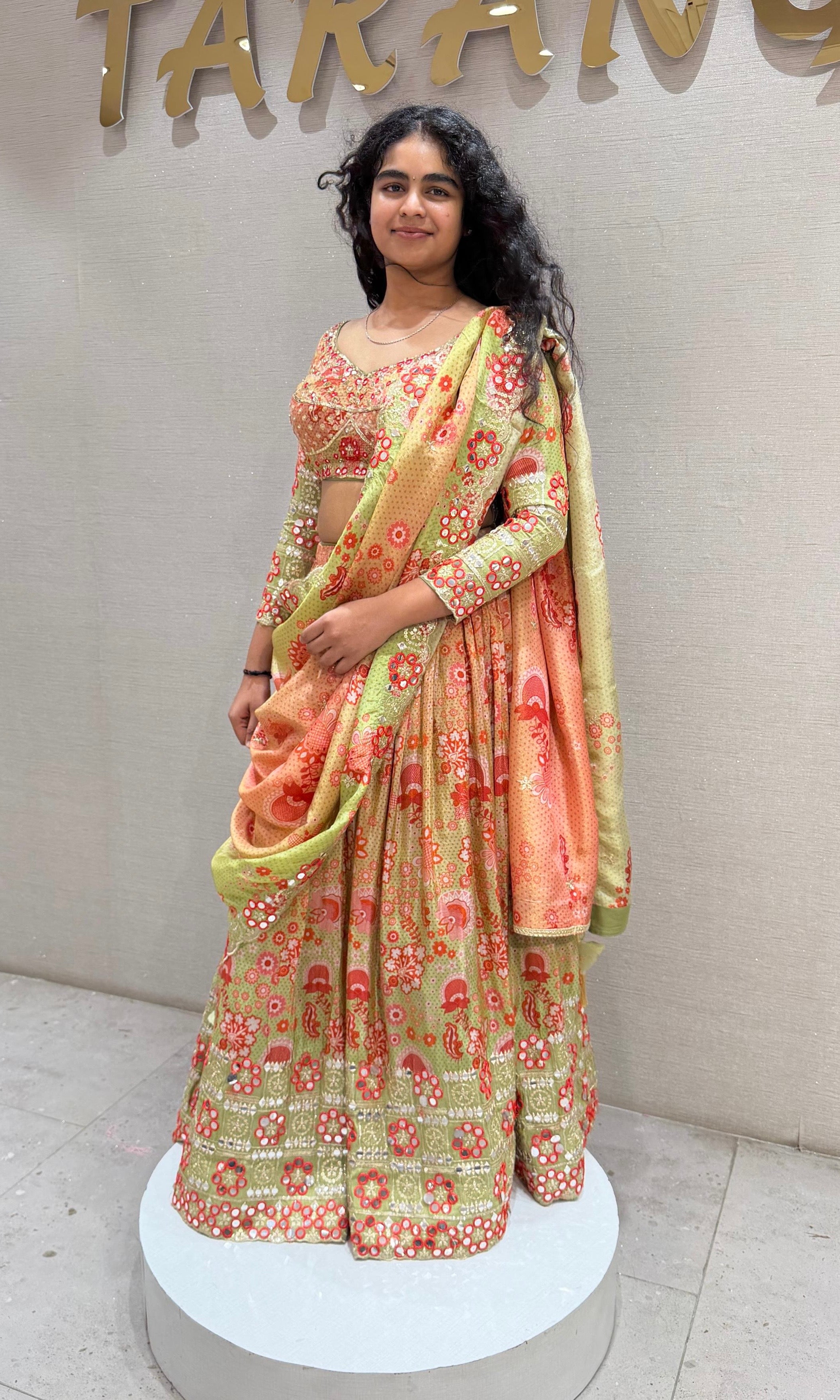 Green Floral Printed Silk Lehenga Choli