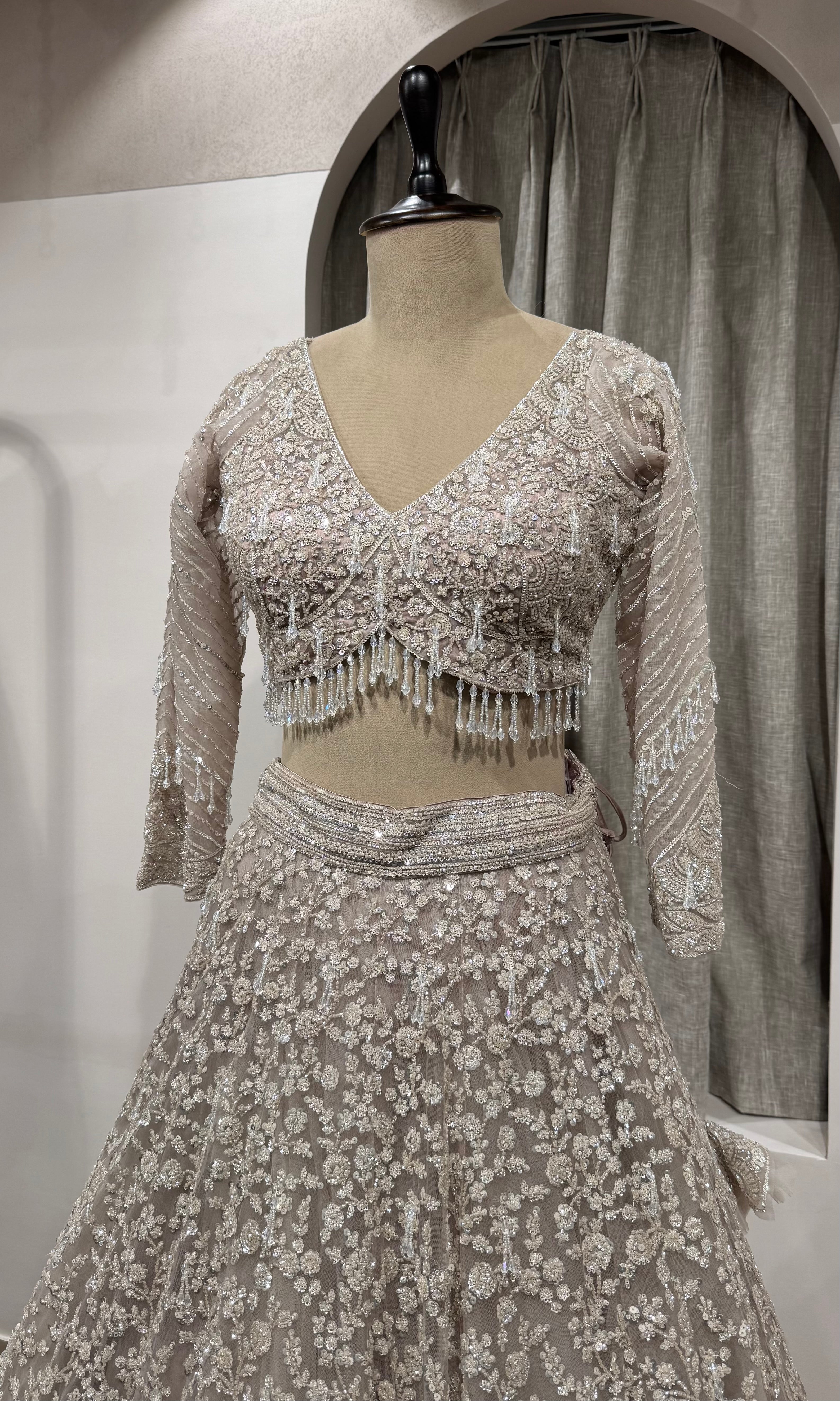 Grey Silver Net Heavy Embroidered Bridal Lehenga Set