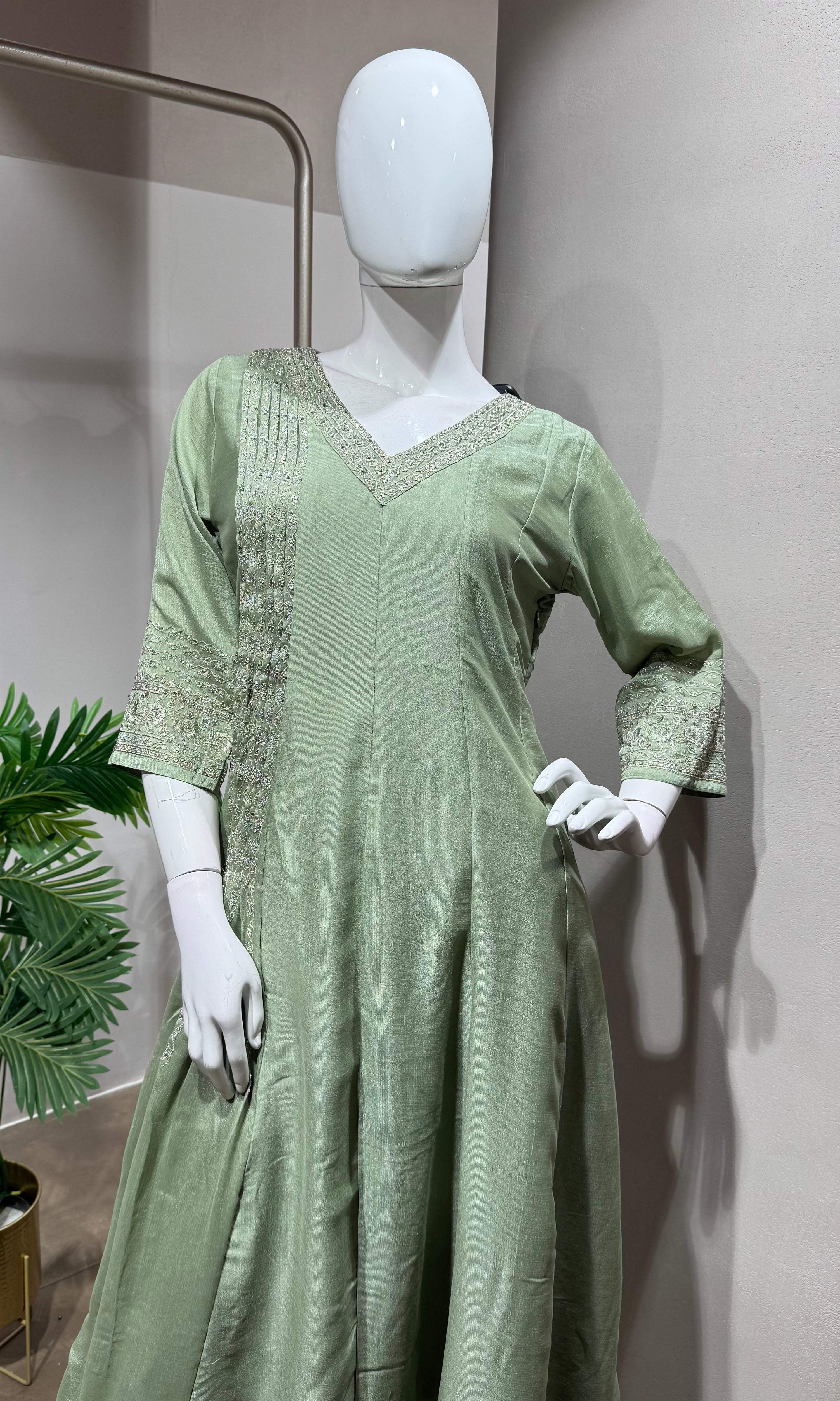 Pista Green Silk Blend Anarkali Ensemble