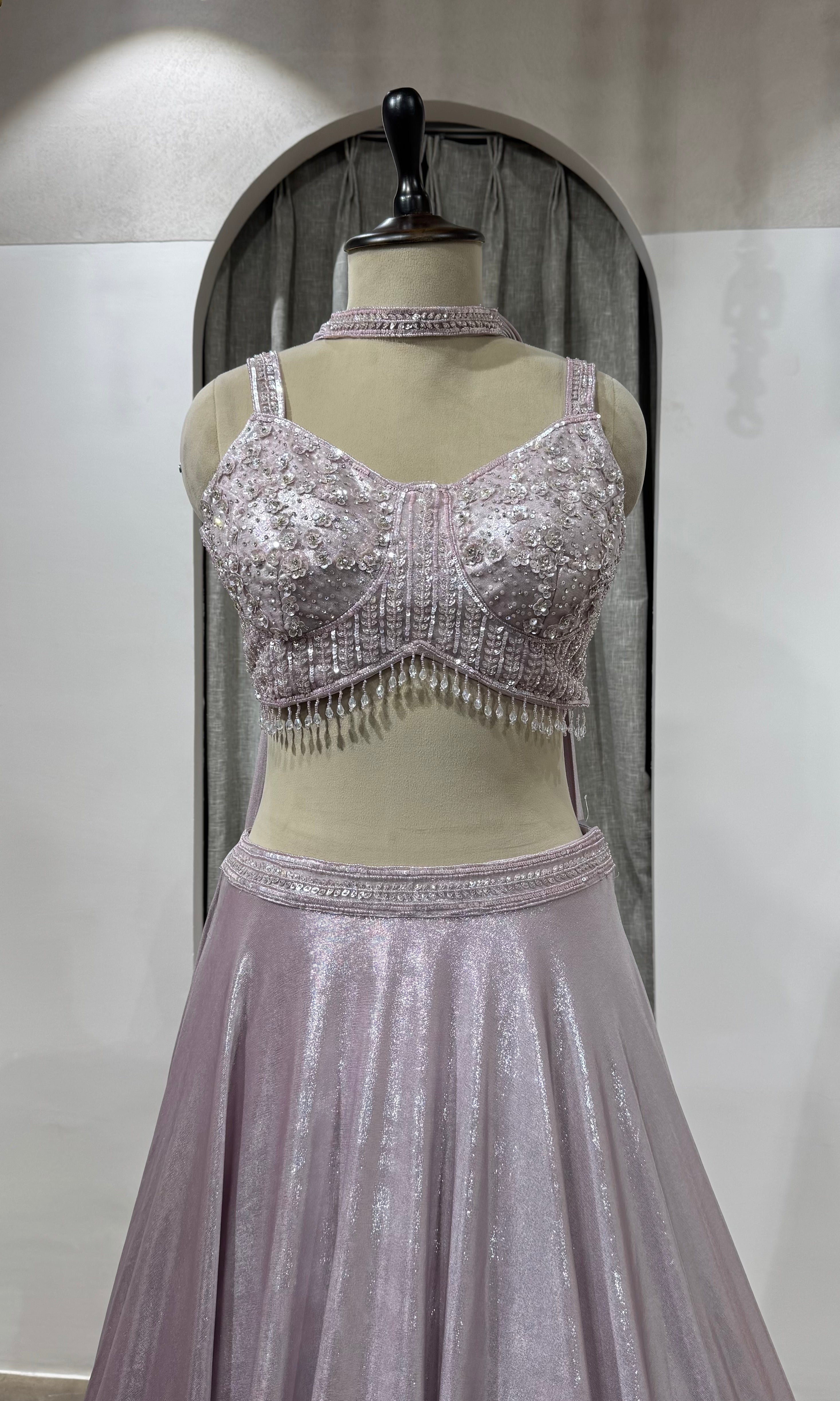 Onion pink silver shimmer stone lehenga set