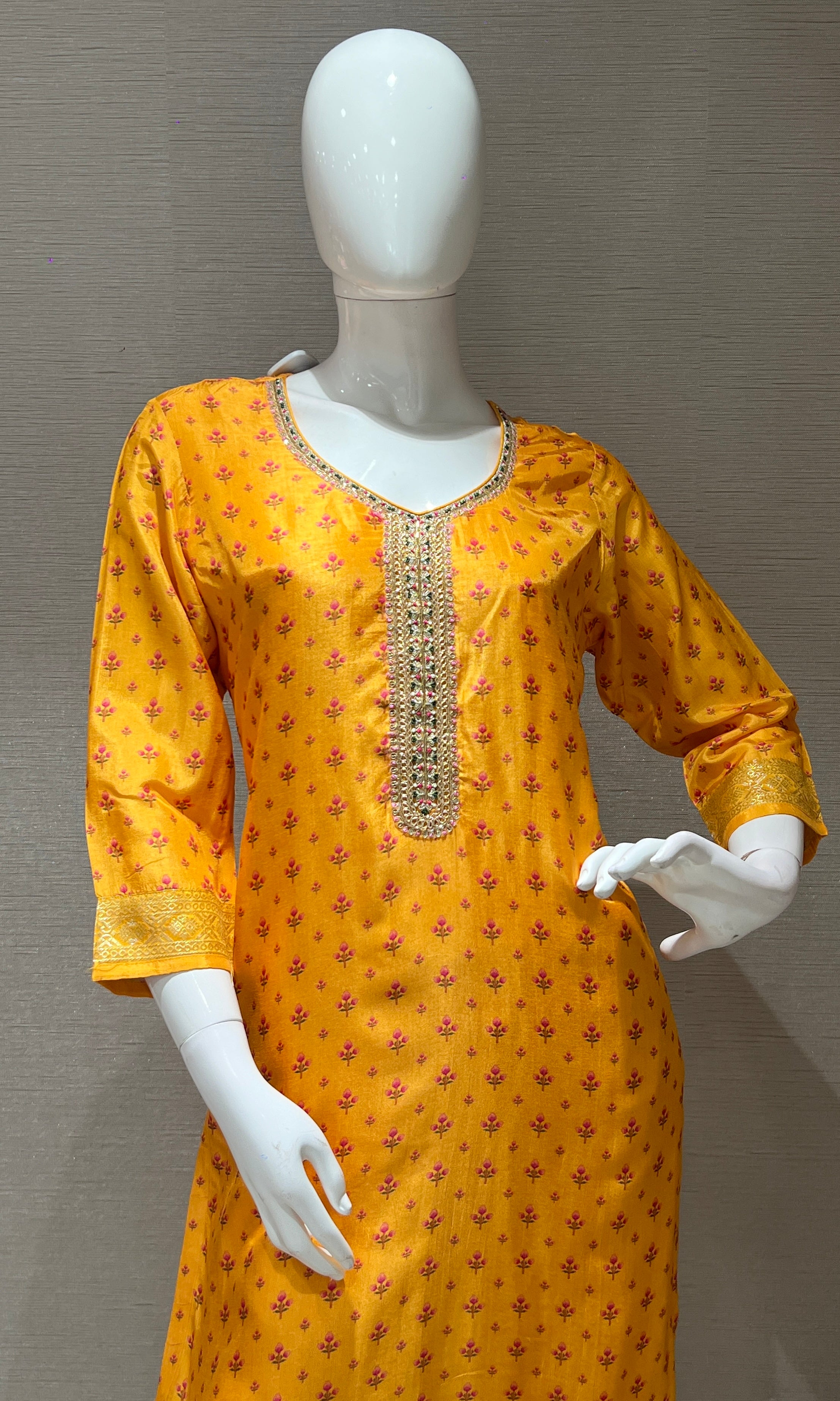 yellow embroidered printed kurta set