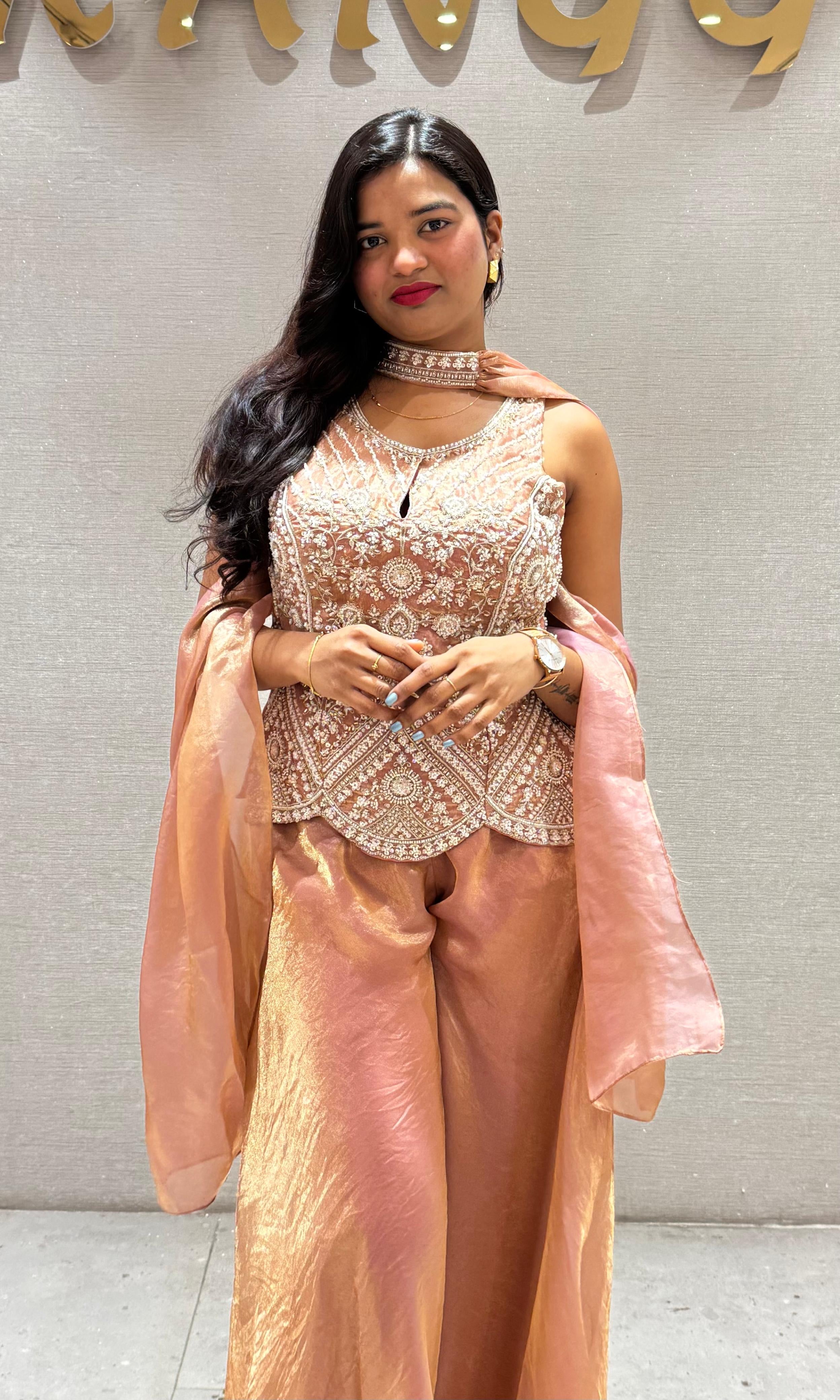 Onion pink EMBROIDERED PEPLUM PALAZZO SET