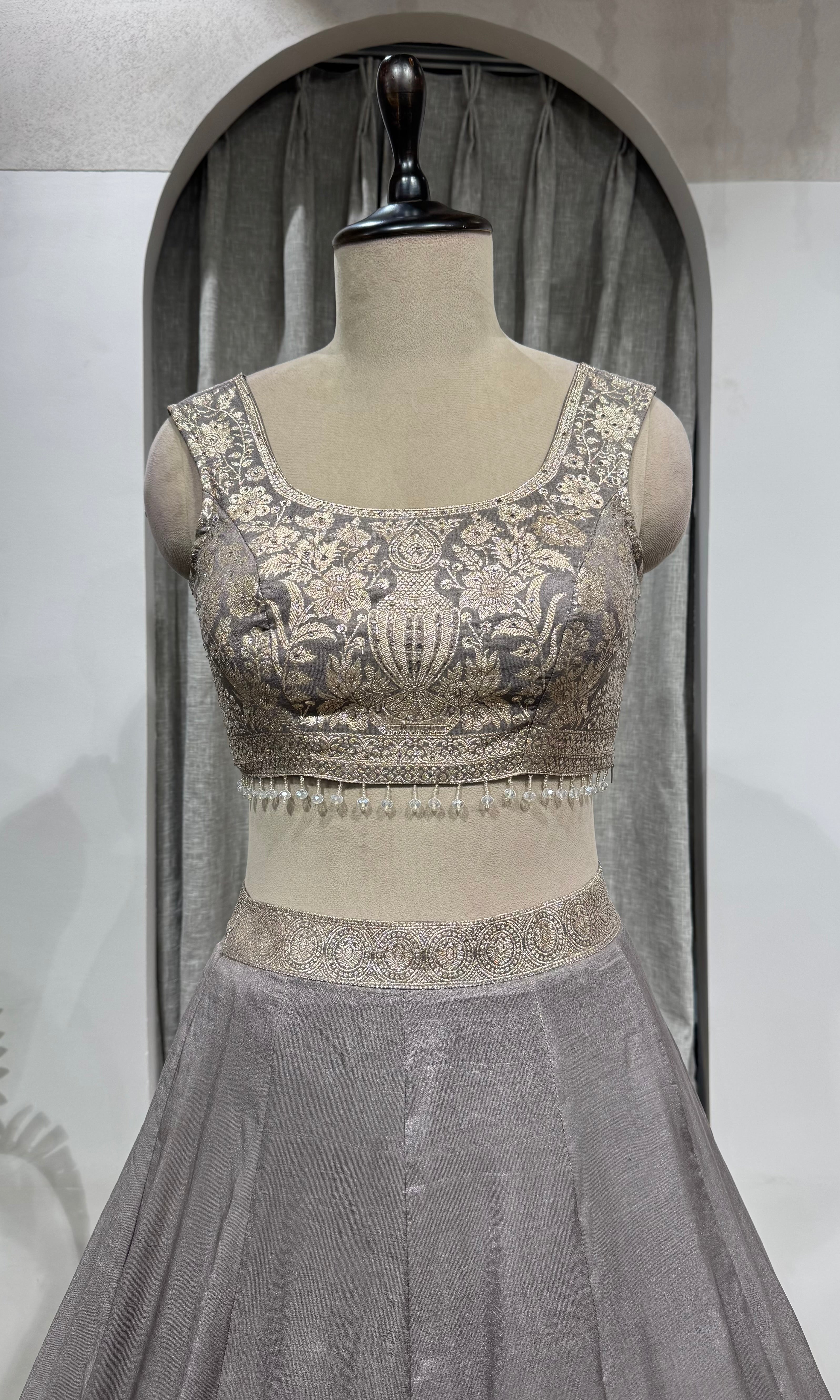 grey with gold embroidered lehenga choli