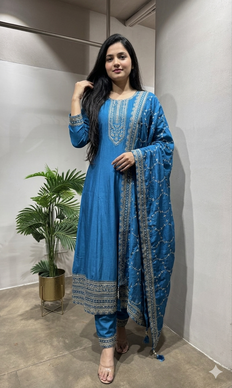 RAMA Blue Embroidered Anarkali Set