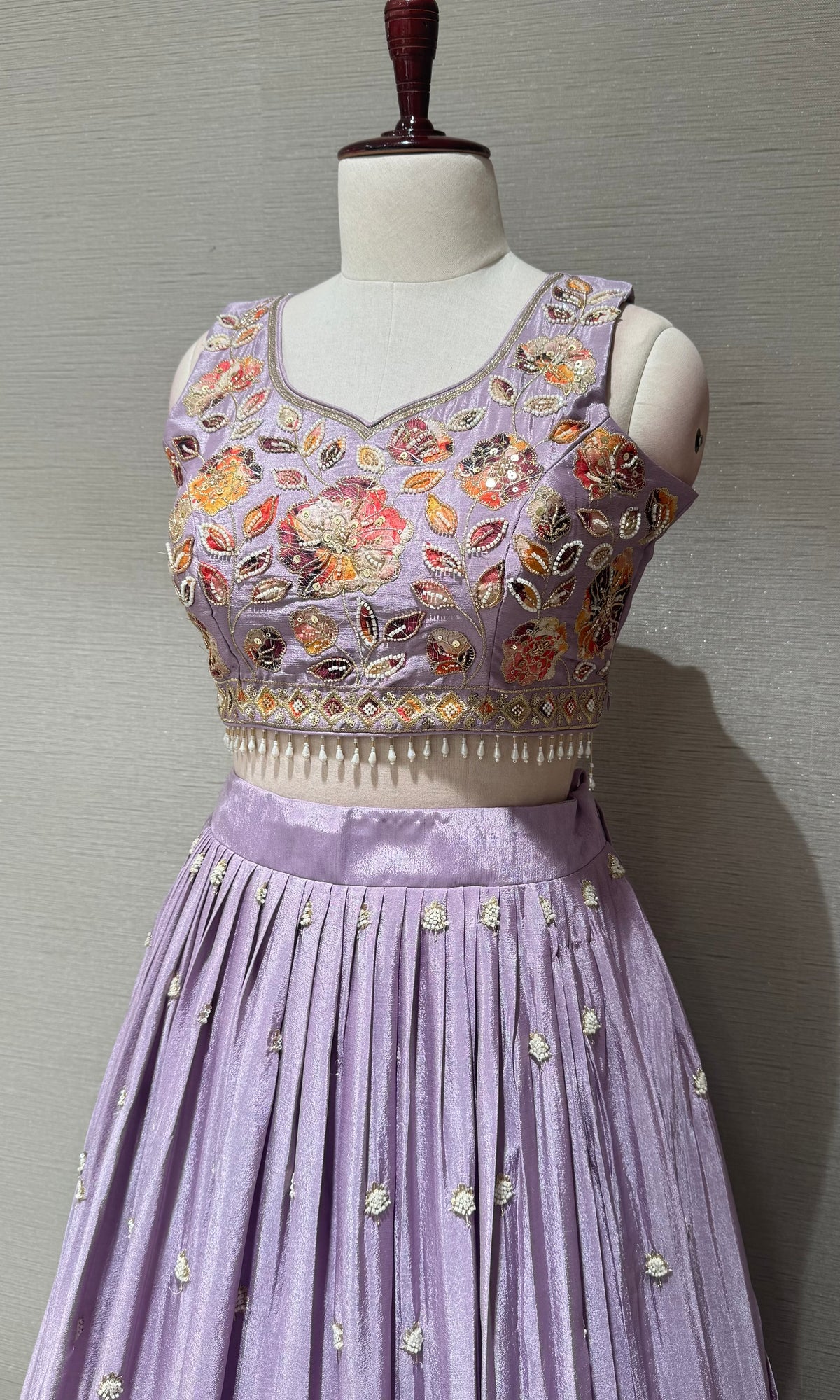 Lilac Tissue silk Multi Floral Crop Top Lehenga set
