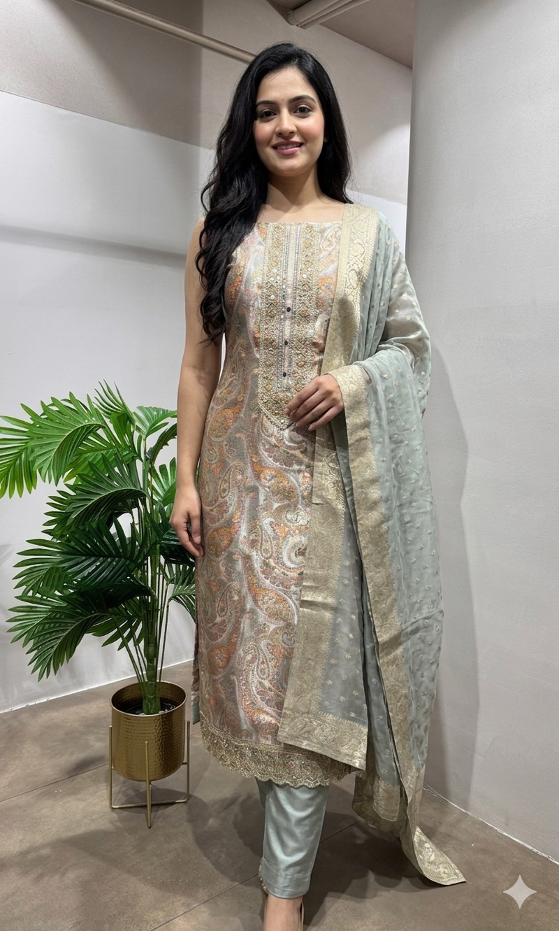 GREY BANARASI SILK DRESS MATERIAL