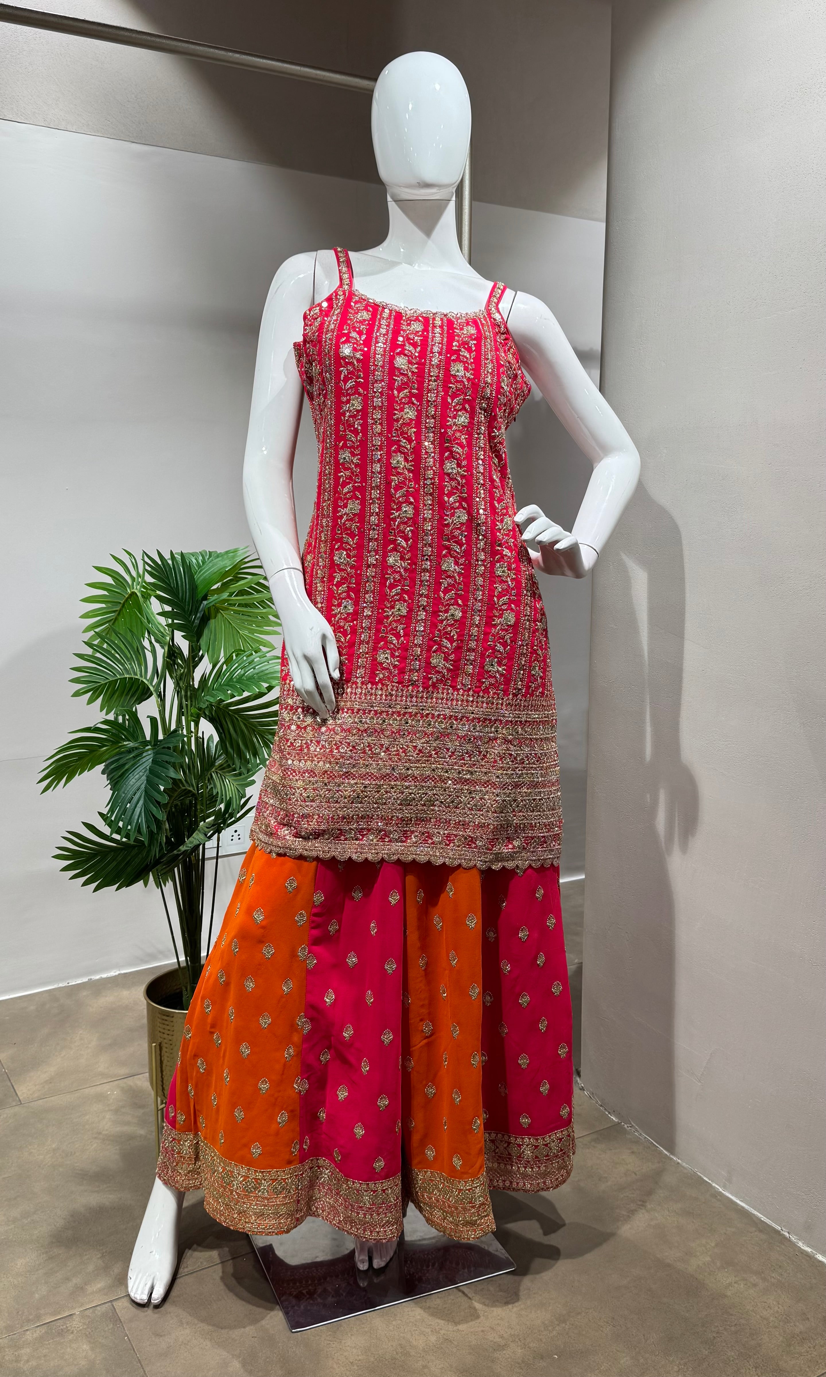 PINK AND ORANGE EMBROIDERED SHARARA SET