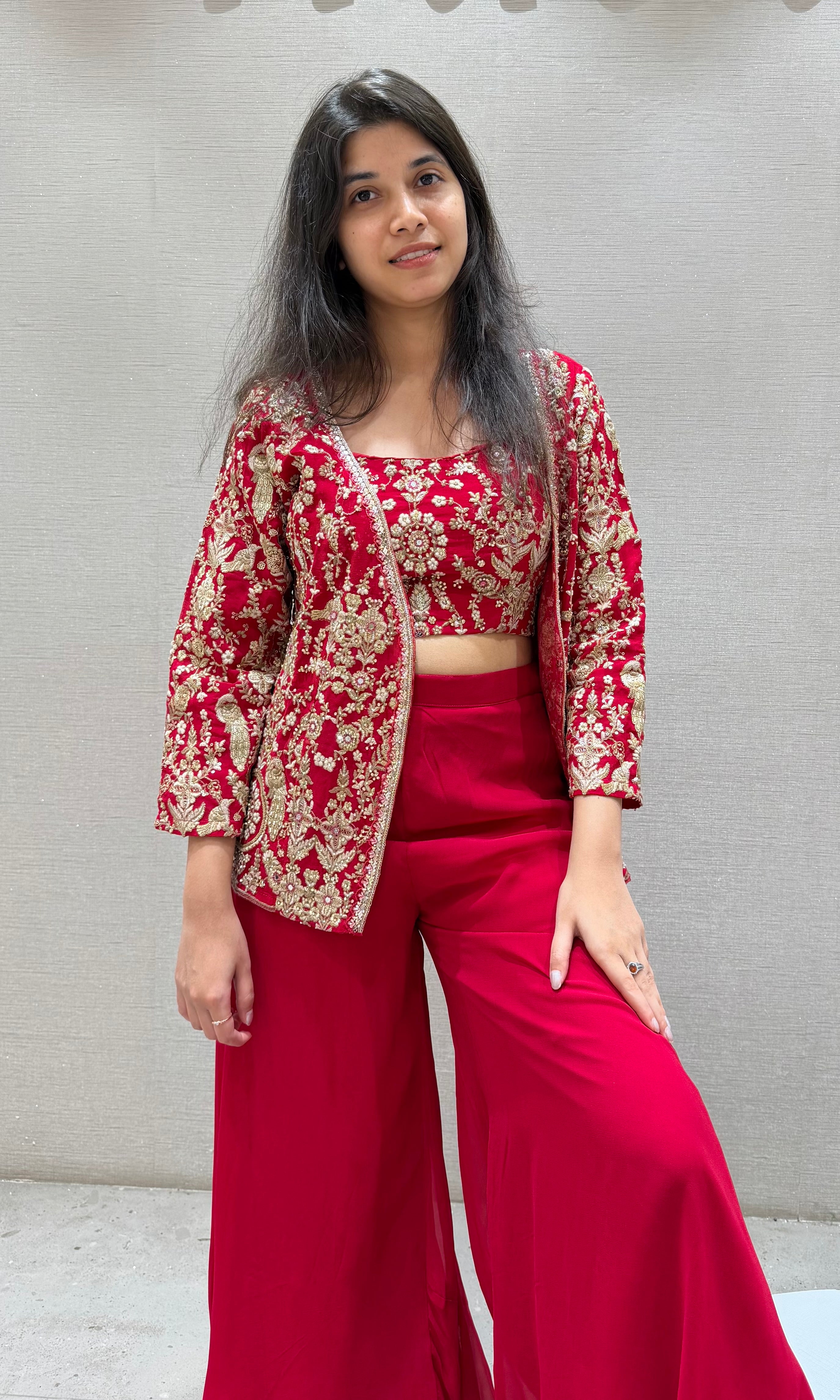 Red EMBROIDERED PALAZZO SET WITH JACKET