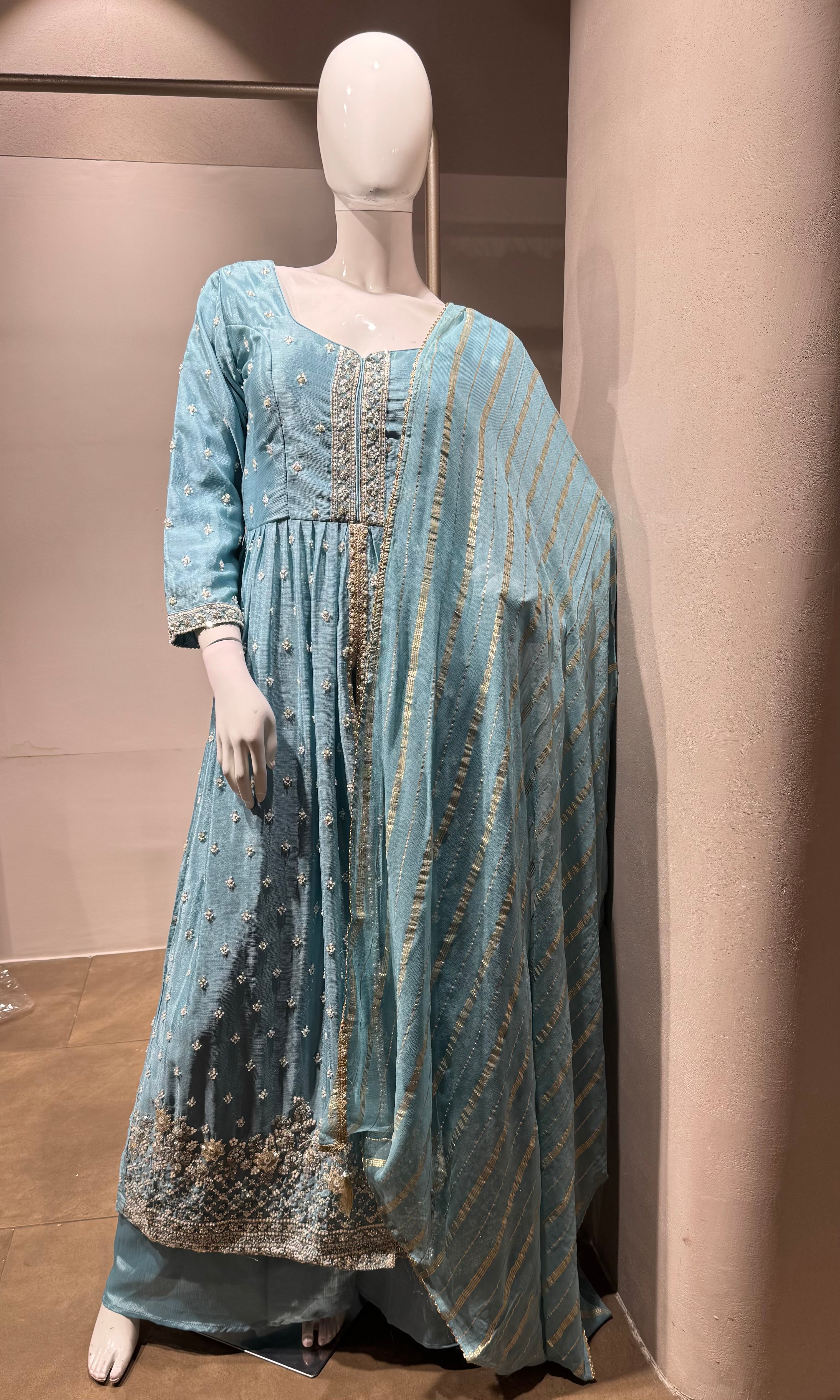Light Blue Embroidered Anarkali Set