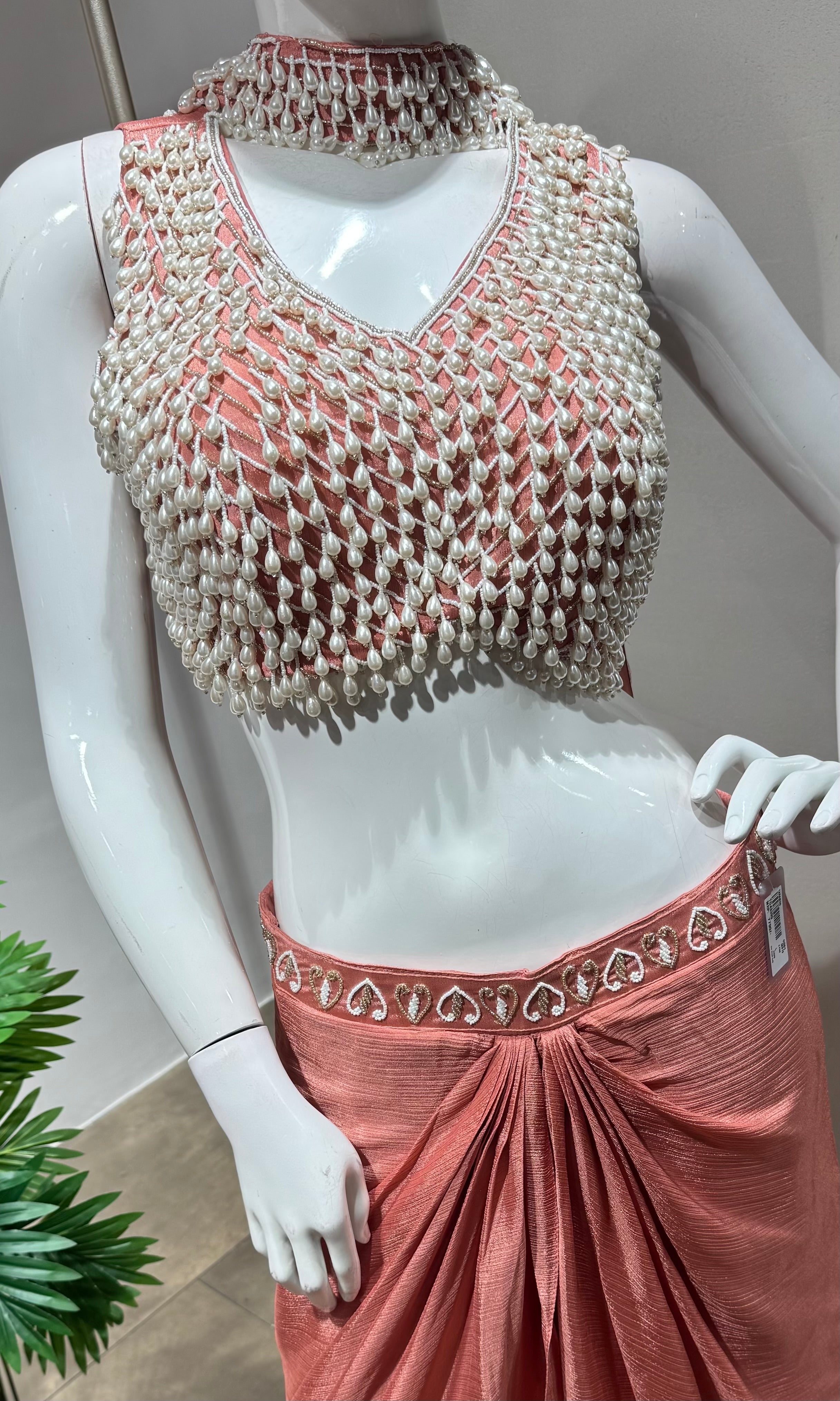 Onion pink designer blouse with drape skirt