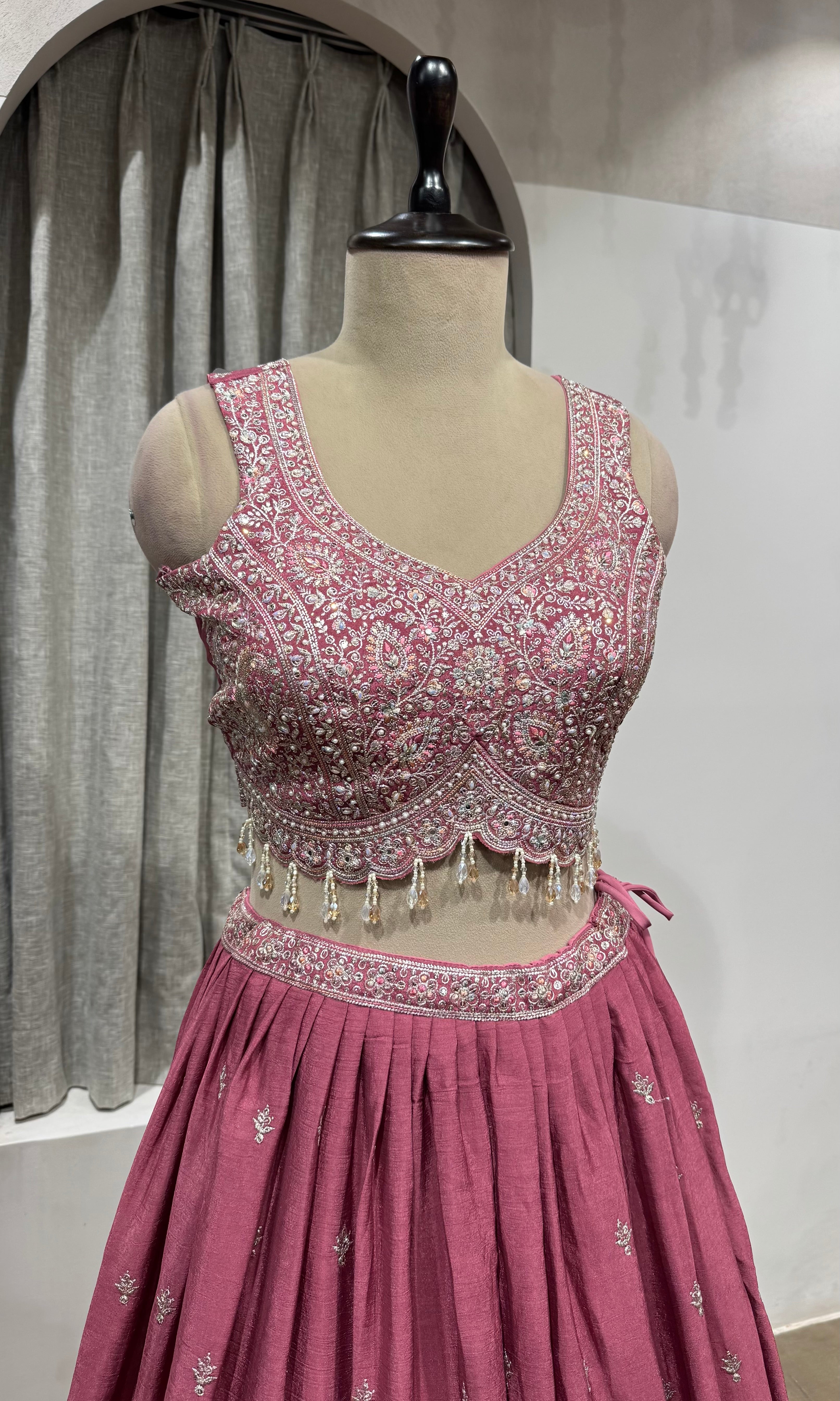 PINK Flared Lehenga Choli with Border Embroidery