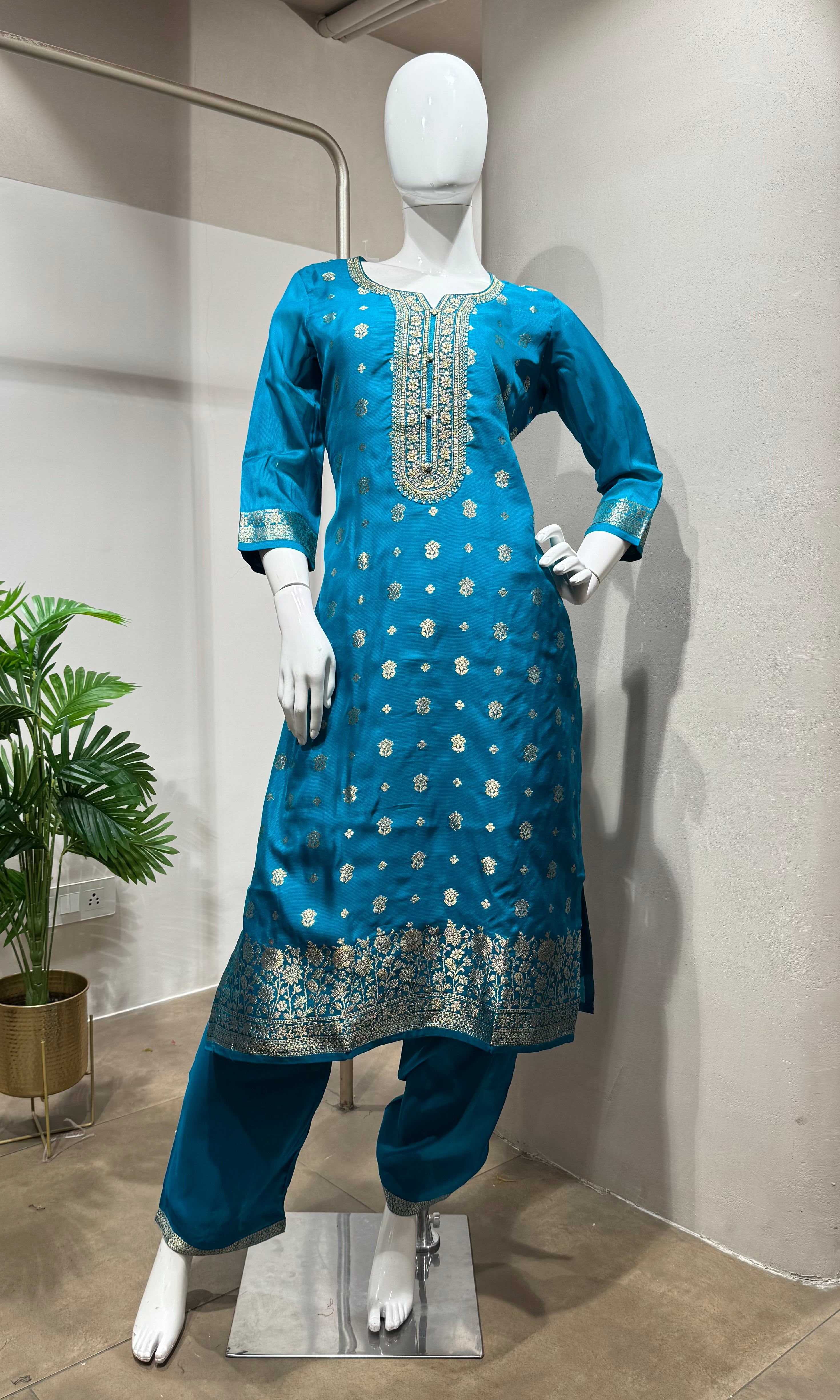 Rama blue woven design silk blend kurta set