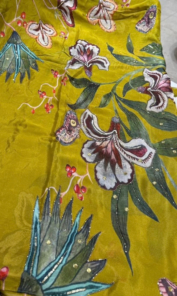 green floral saree with ready blouse
