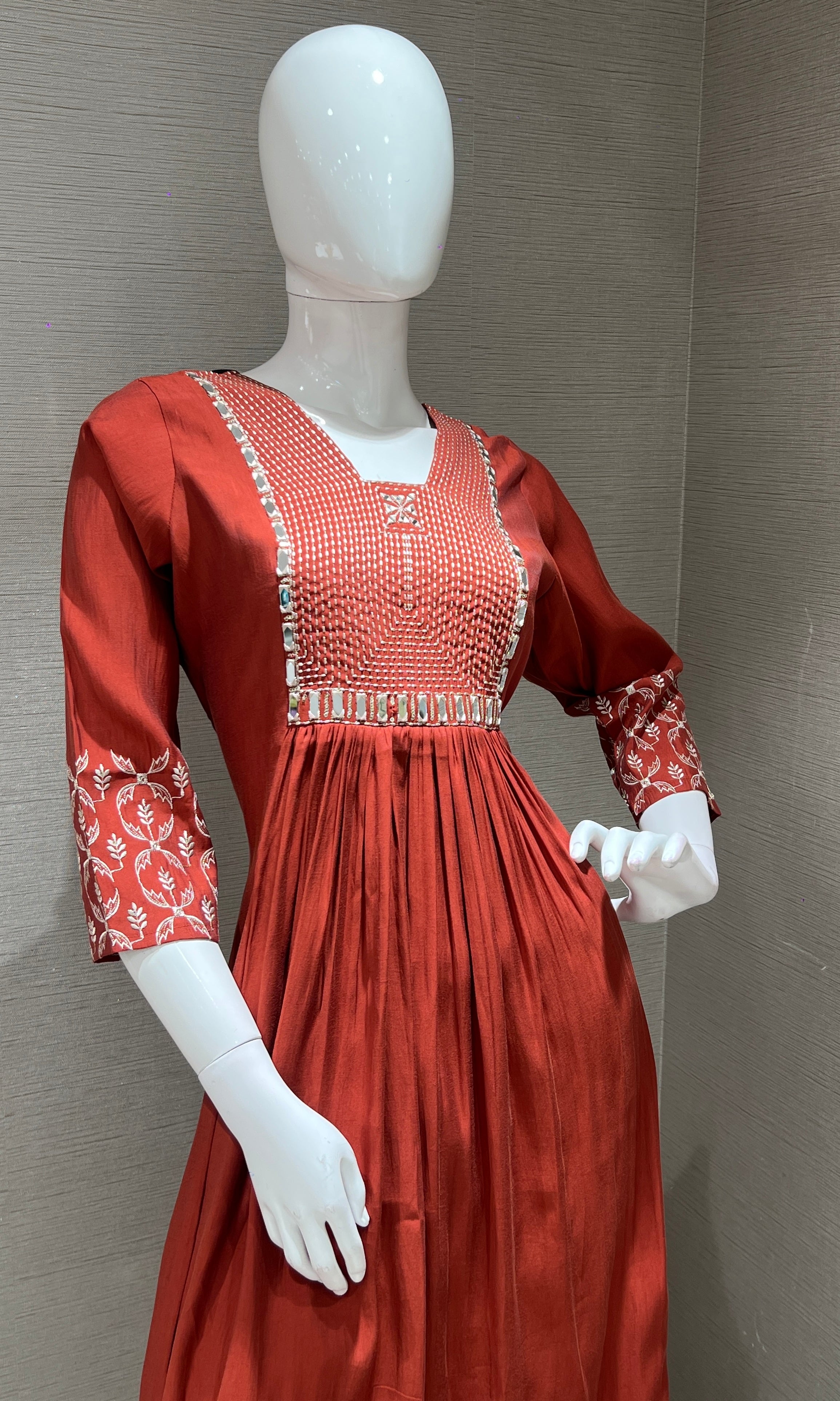 Rust Embroidered Kurta Set with Print Dupatta