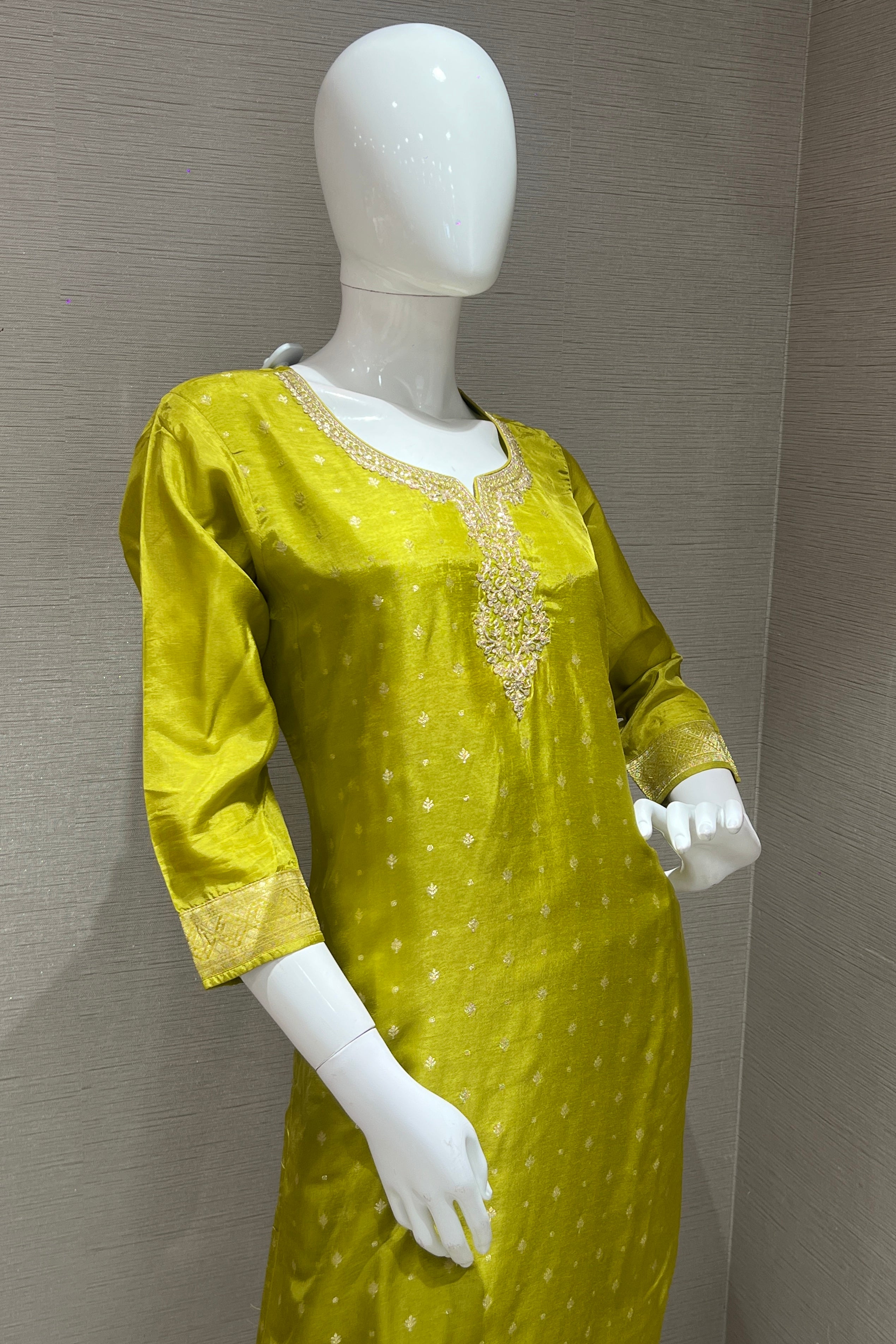 Lime Yellow Kurta Set with Contrast Dupatta