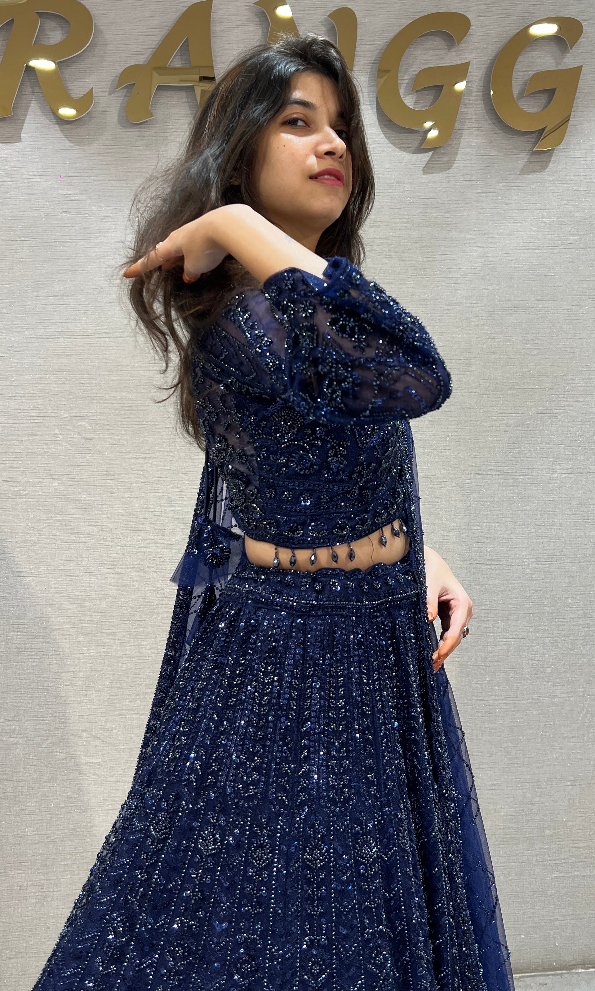 Navy Blue Embellished Net Lehenga