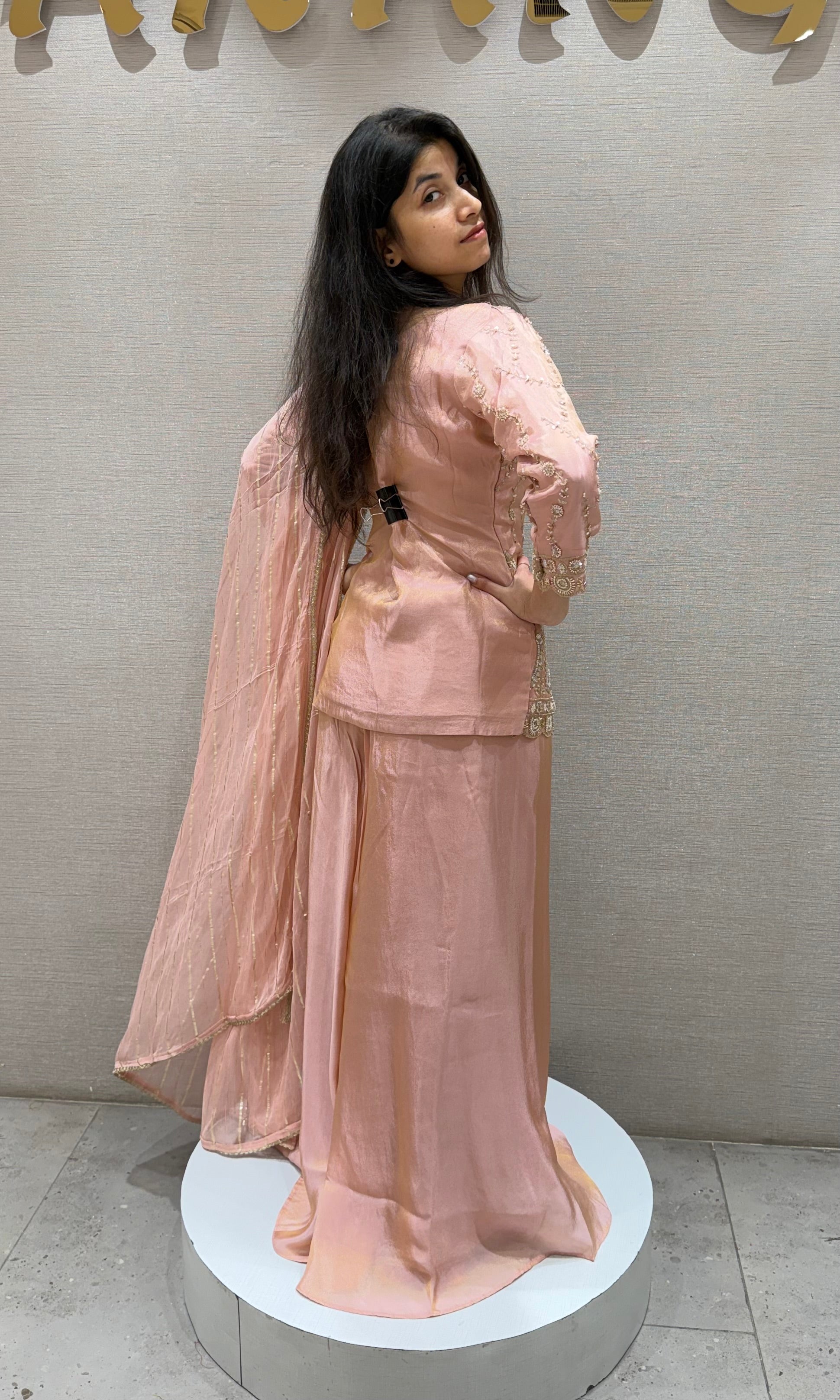 Peach EMBROIDERED PEPLUM PALAZZO SET