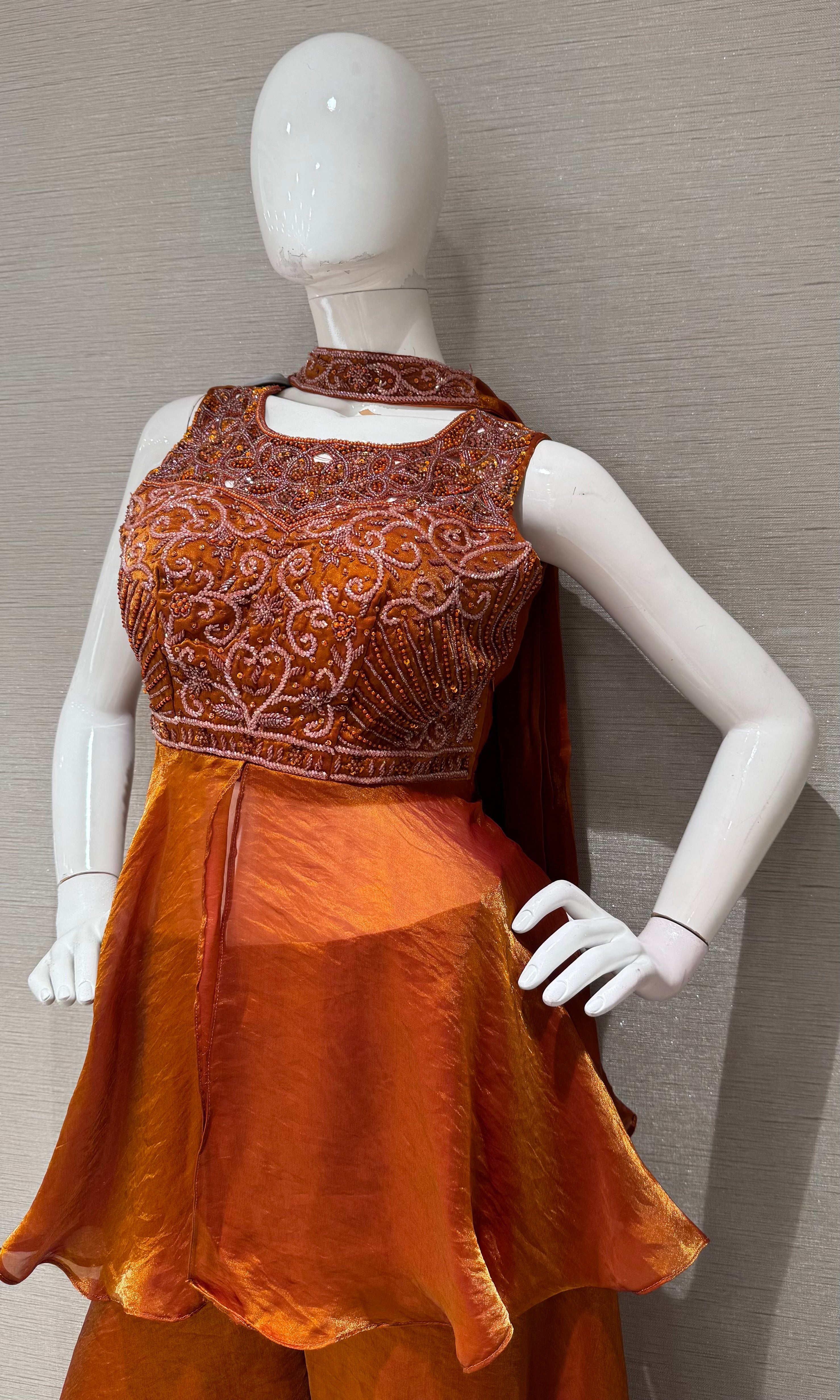 Rust Orange Embroidered Peplum Palazzo Set