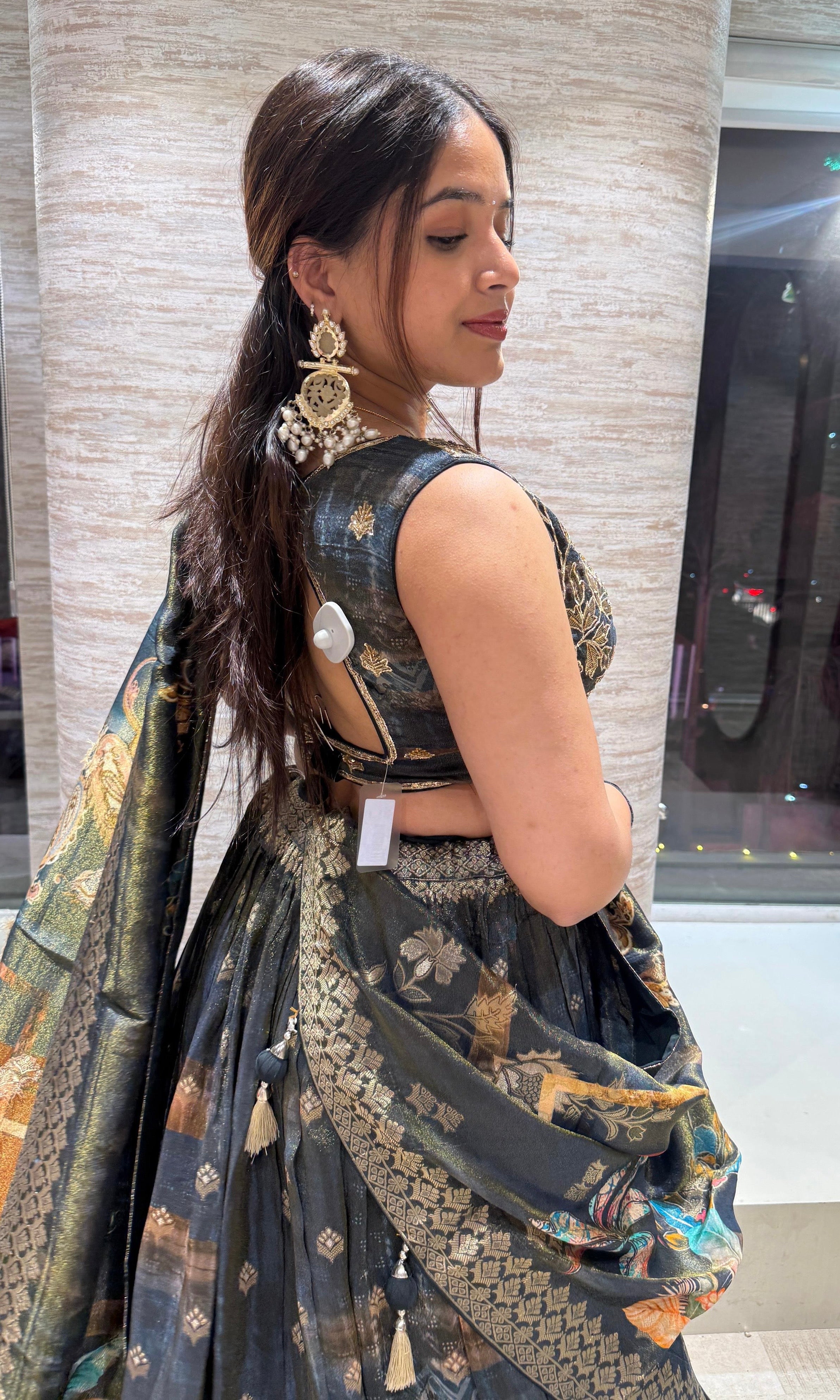 Green gold floral embroidered Lehenga