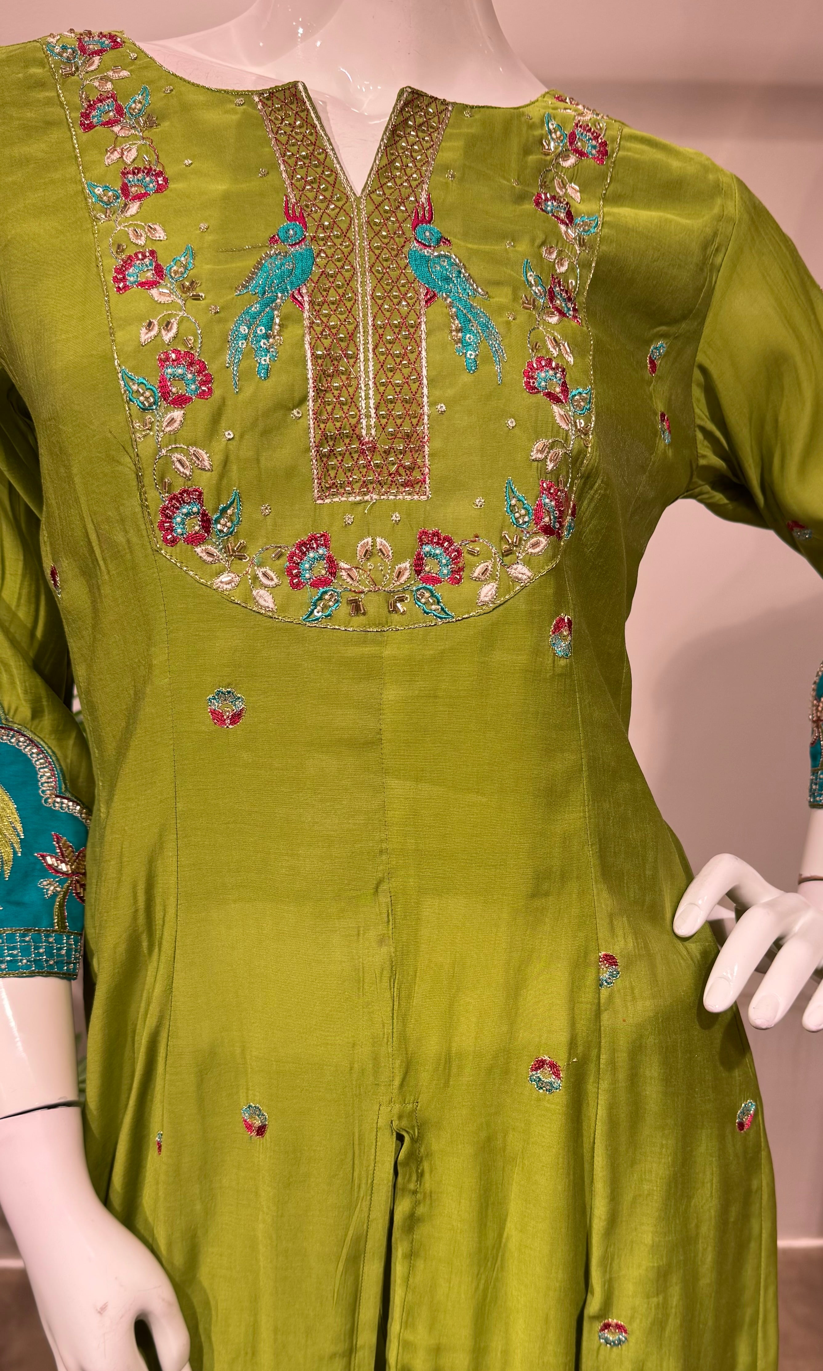 Green embroidered anarkali with palazzo pants