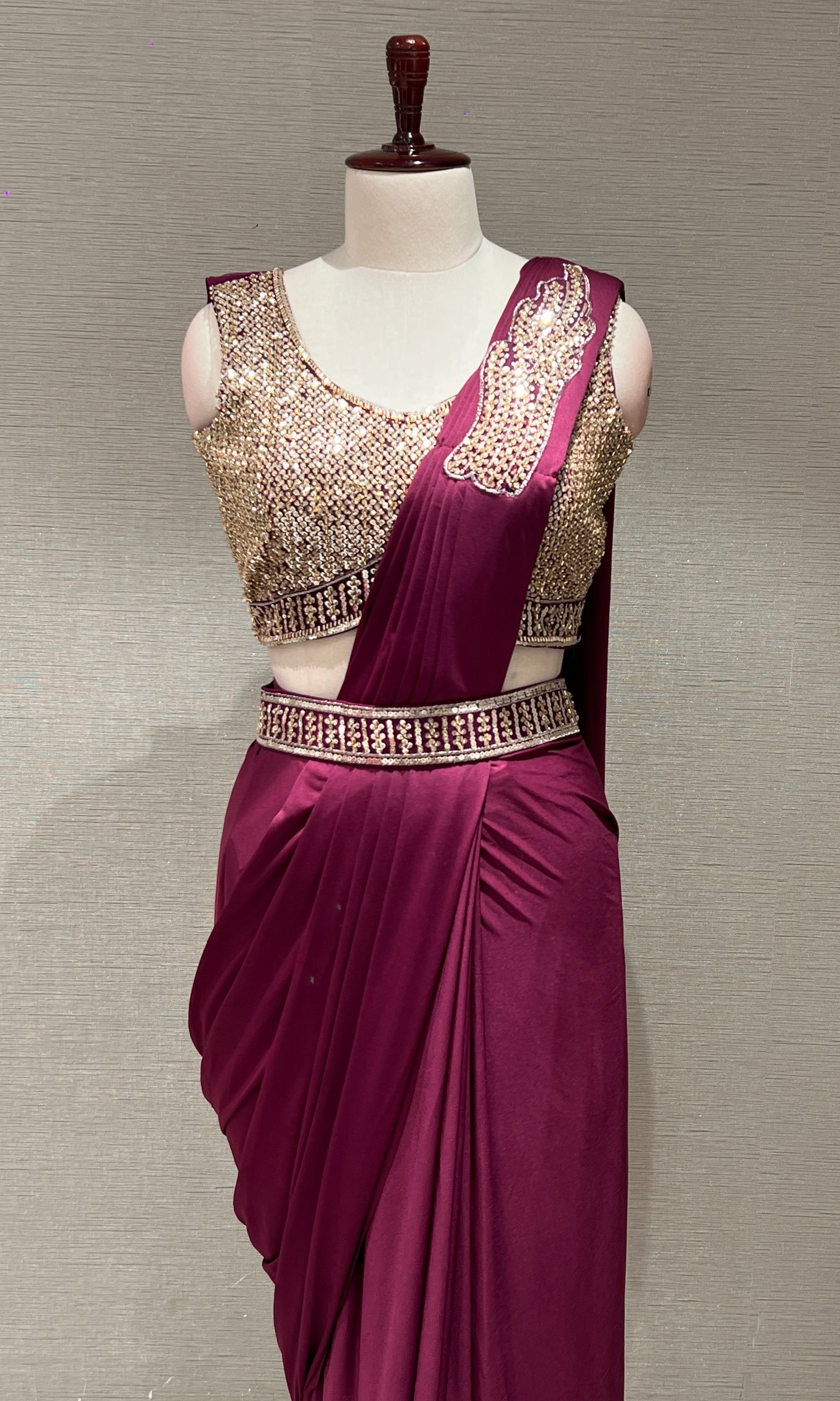 WINE drape saree with embroiderY blouse & belt