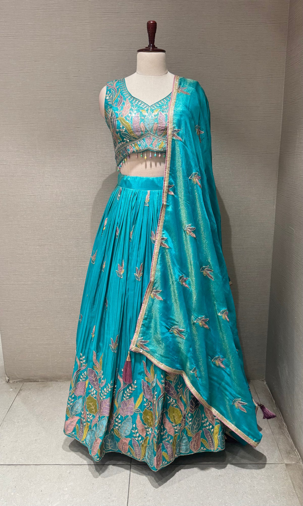 Sea Blue Tissue silk Floral Print Lehenga Set
