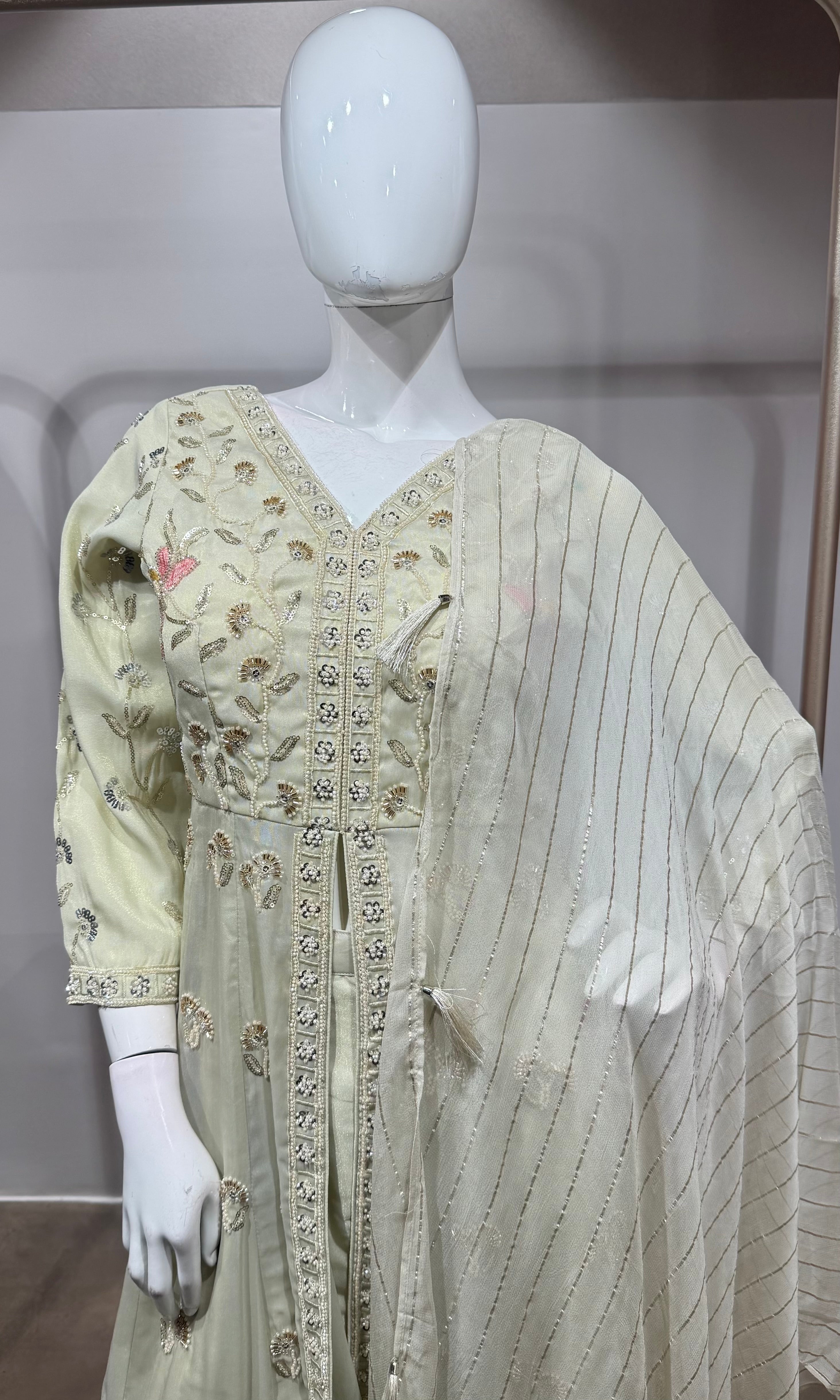 cream embroidered front-slit anarkali set