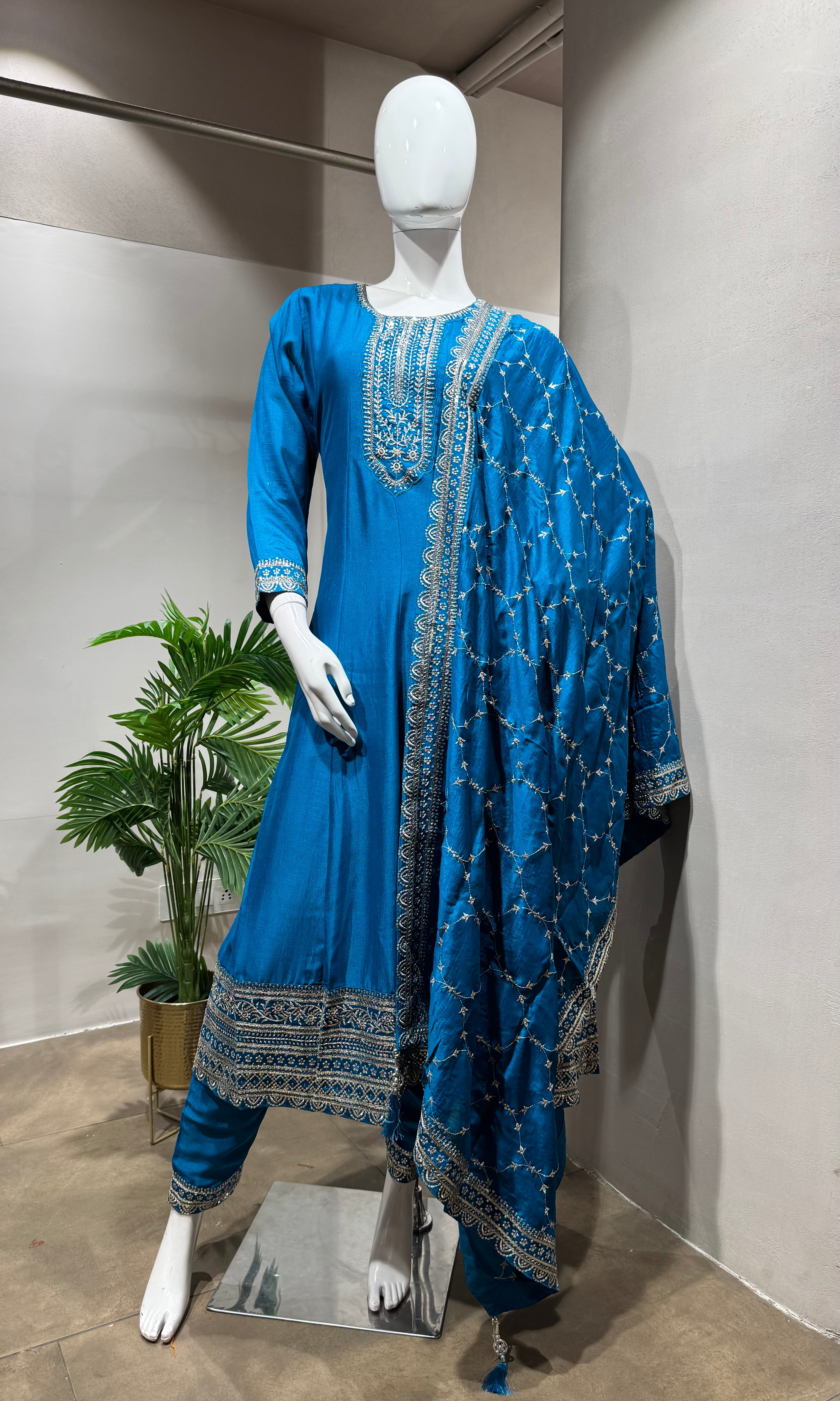 RAMA Blue Embroidered Anarkali Set
