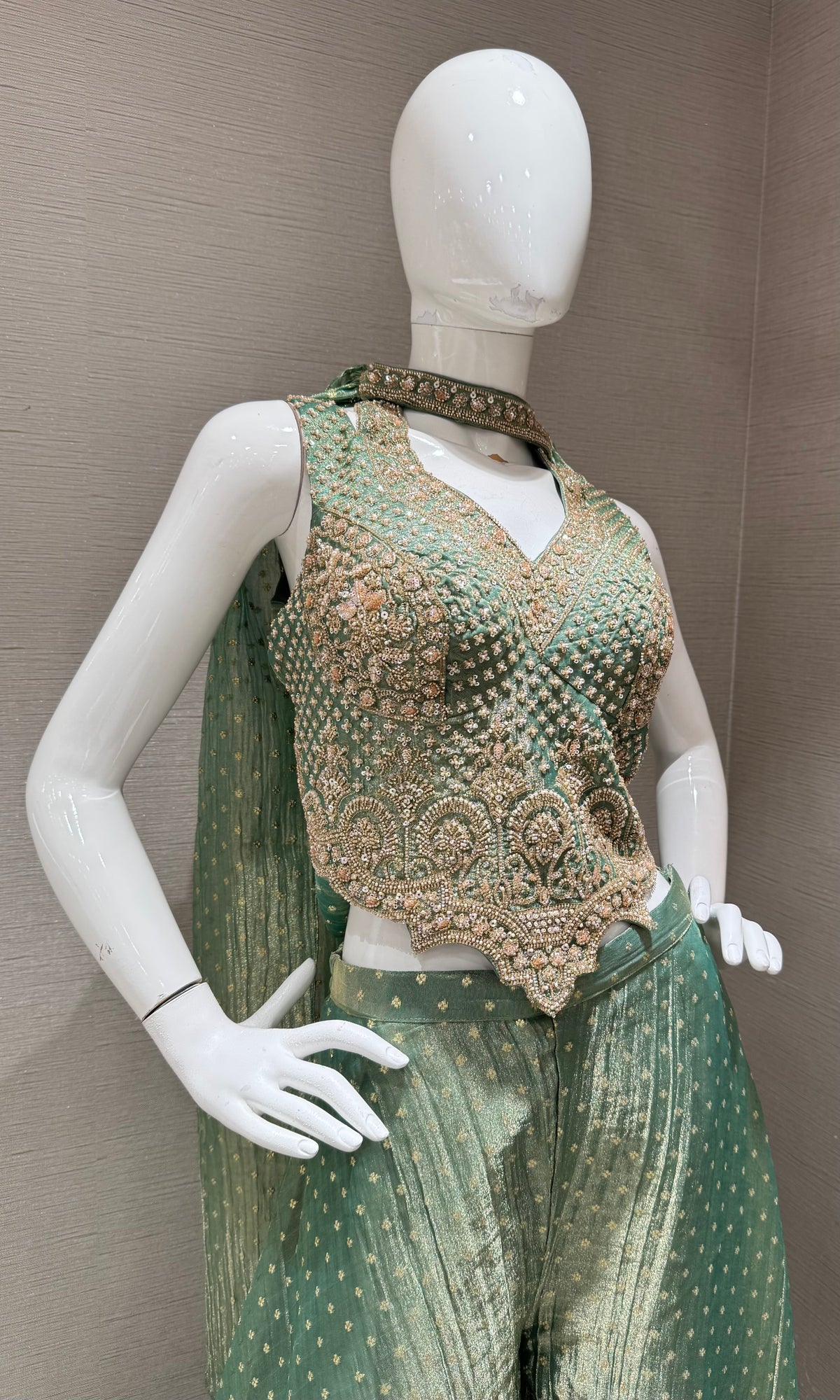Mint Sage Zari Embroidered tissue silk Palazzo set