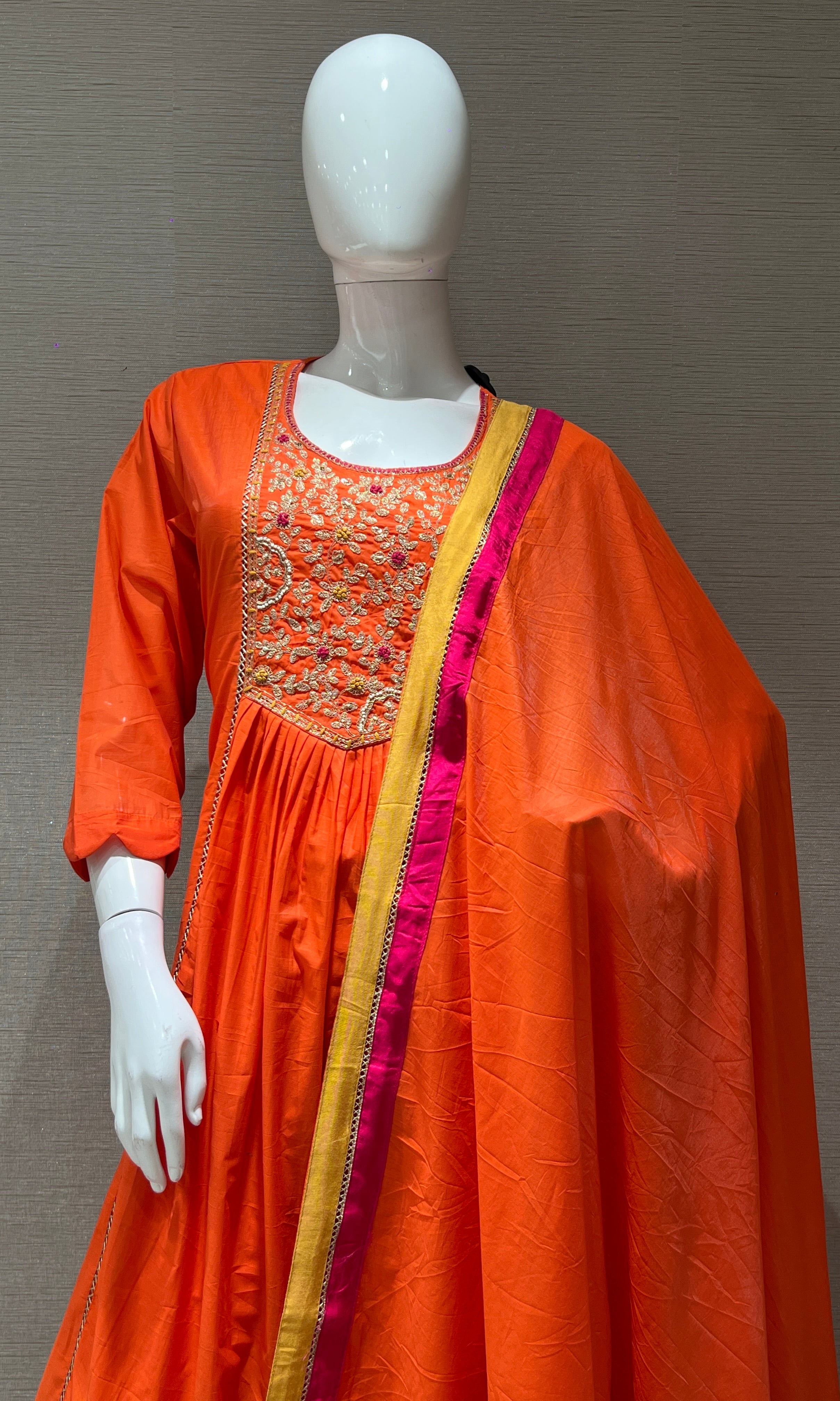 Orange MUL CHANDERI ANARKALI KURTA SET