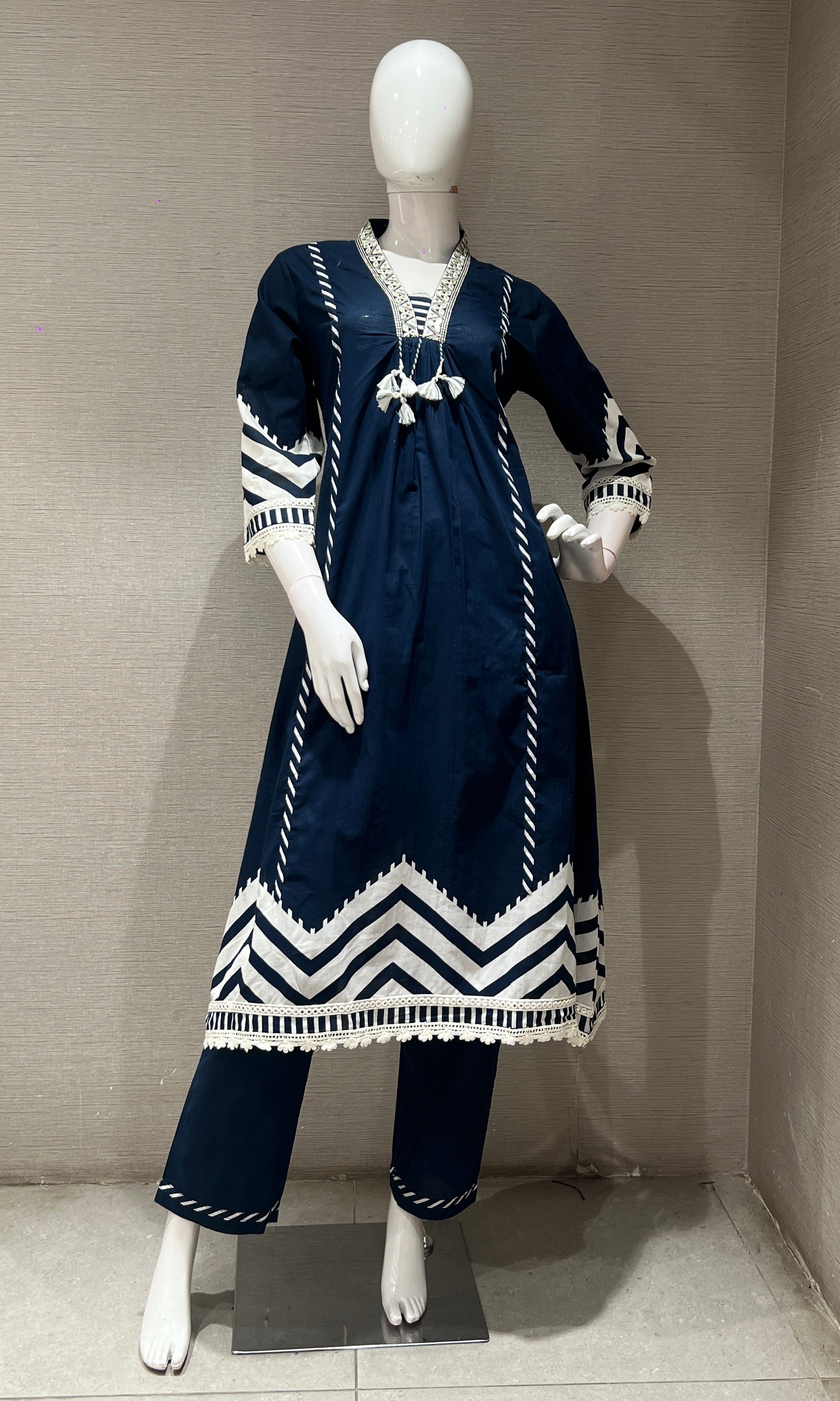 Navy blue kurta set  WITH WHITE LACE EMBROIDERY