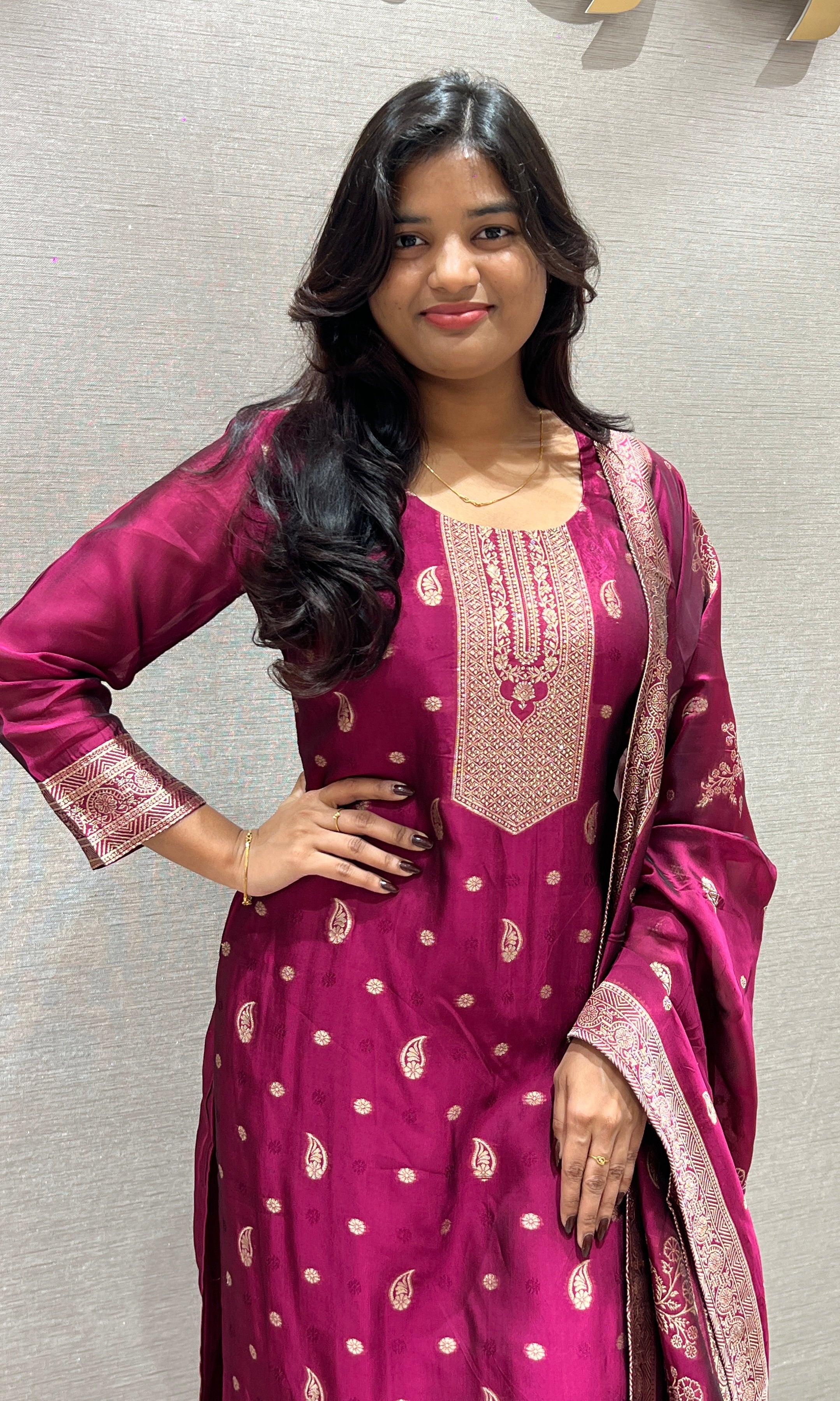 Wine Kurta Set With Gold Embroidery