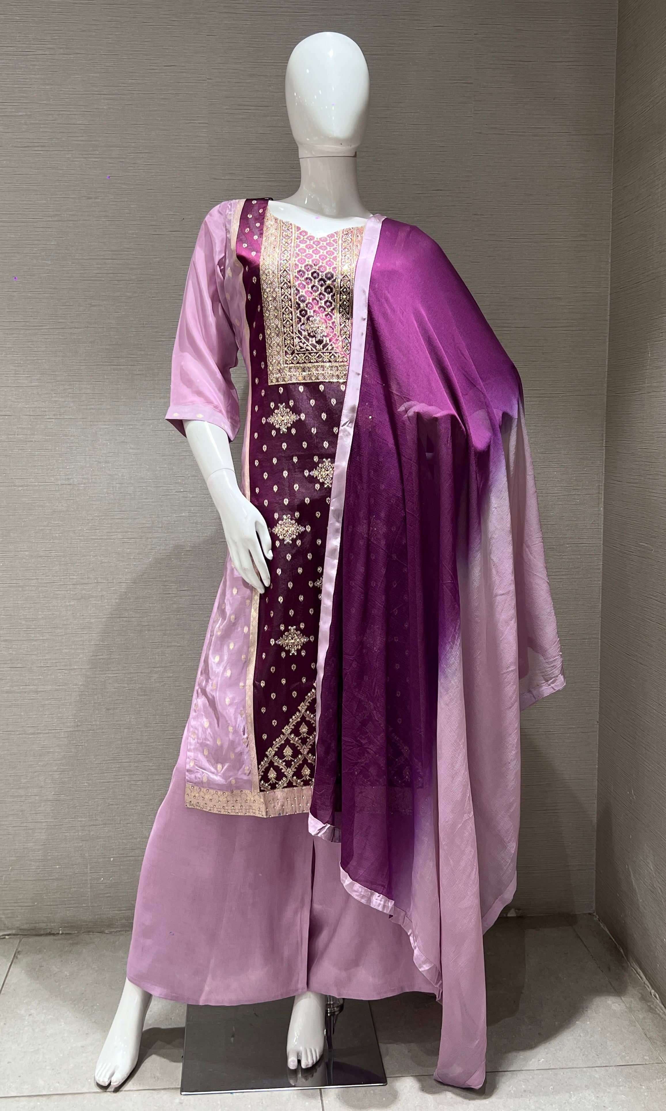 WINE EMBROIDERED KURTA SET WITH PALAZZO PANTS