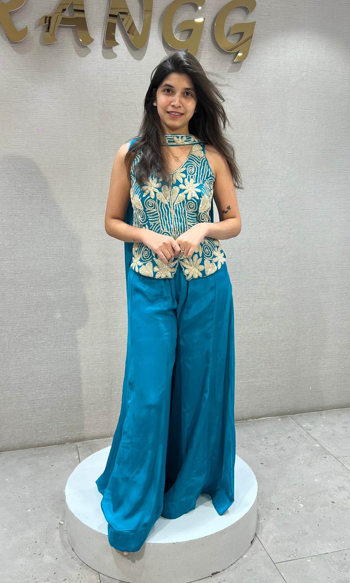 Rama silk gold floral embroidered peplum palazzo set