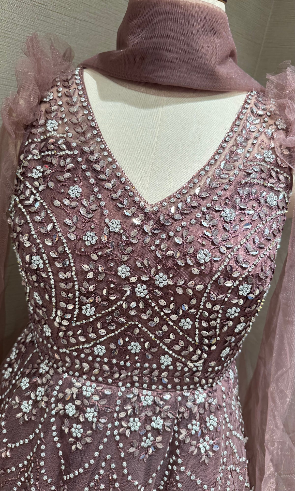 Mauve Embroidered Tulle Gown with Net Flare