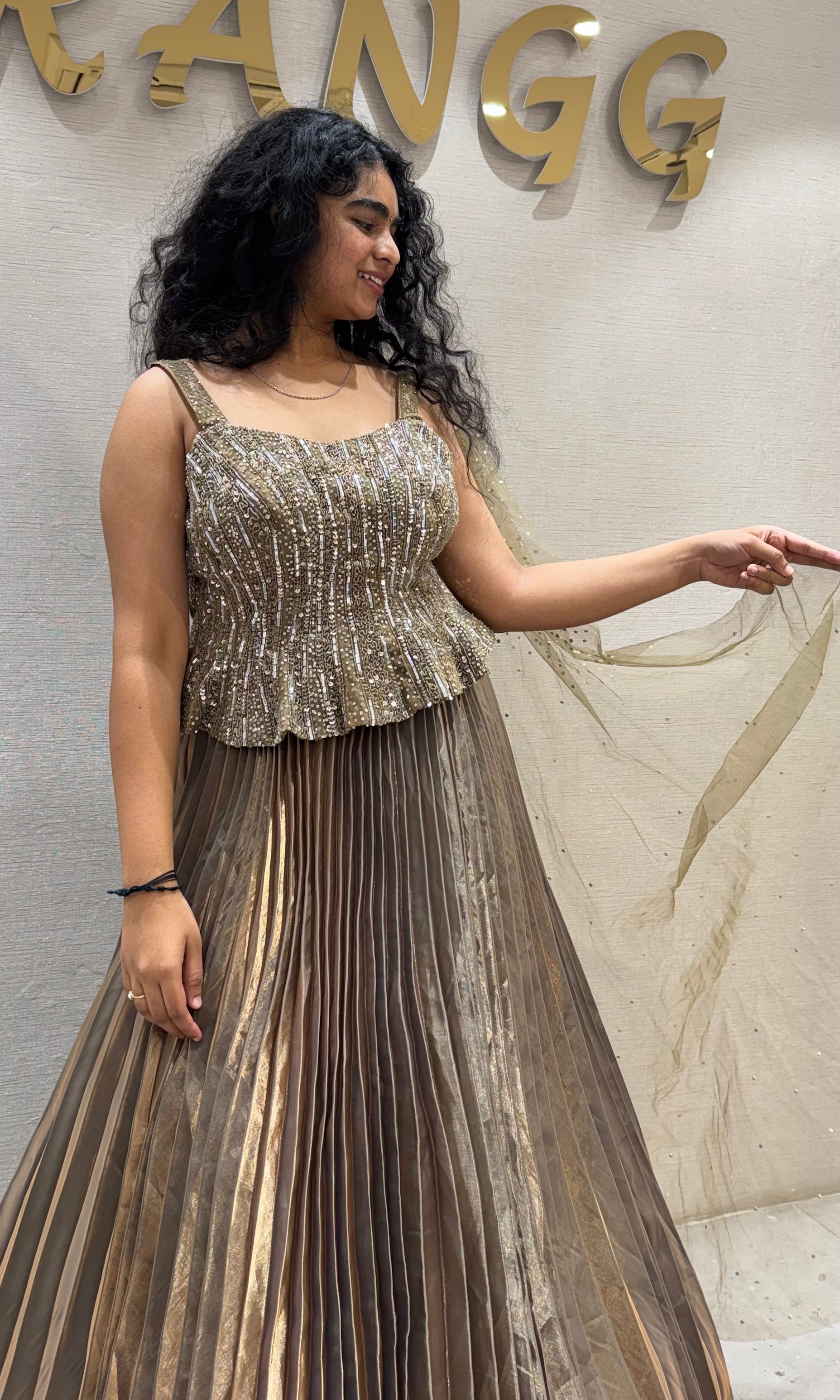 Green Golden peplum gown with cape