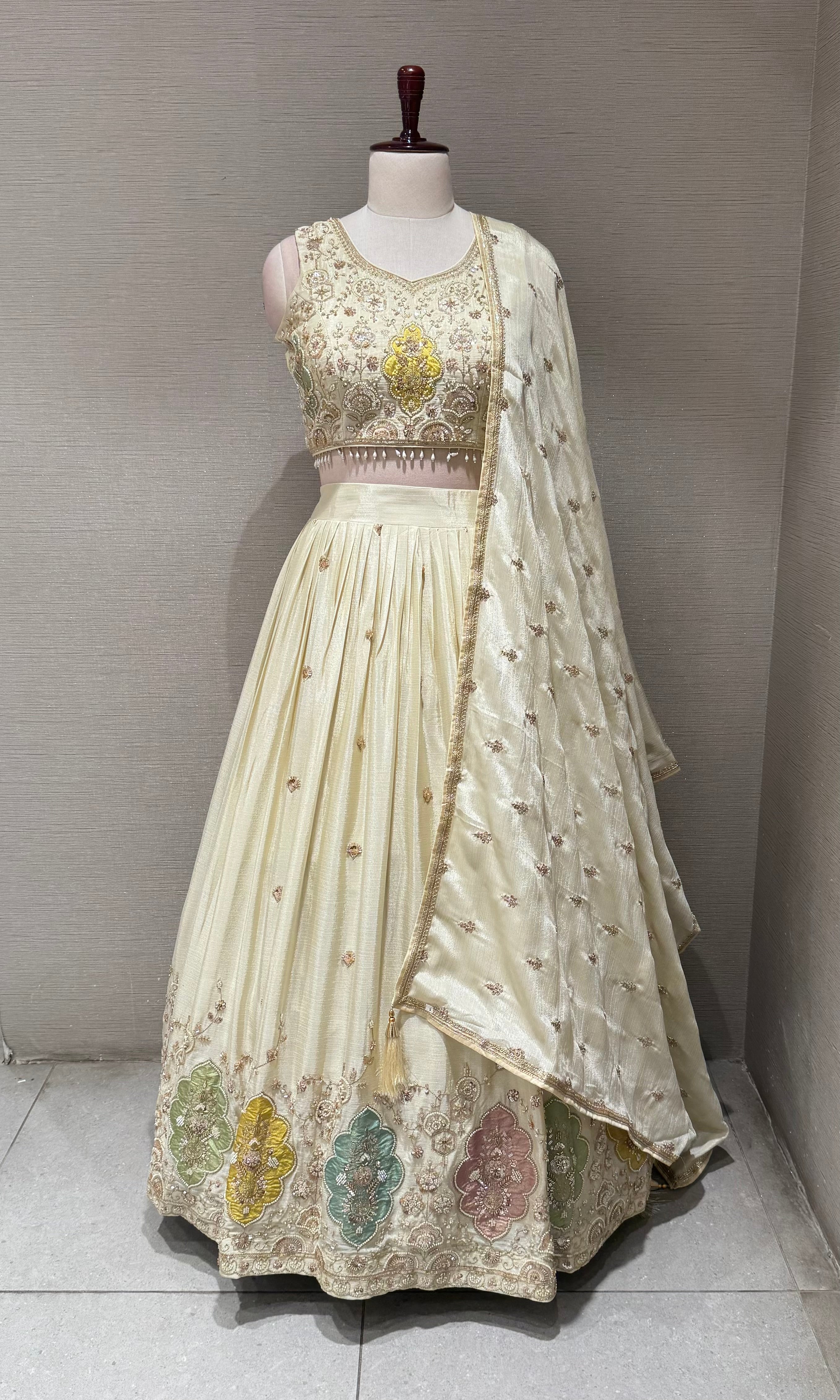 Cream Tissue silk Lehenga with Multi Floral border