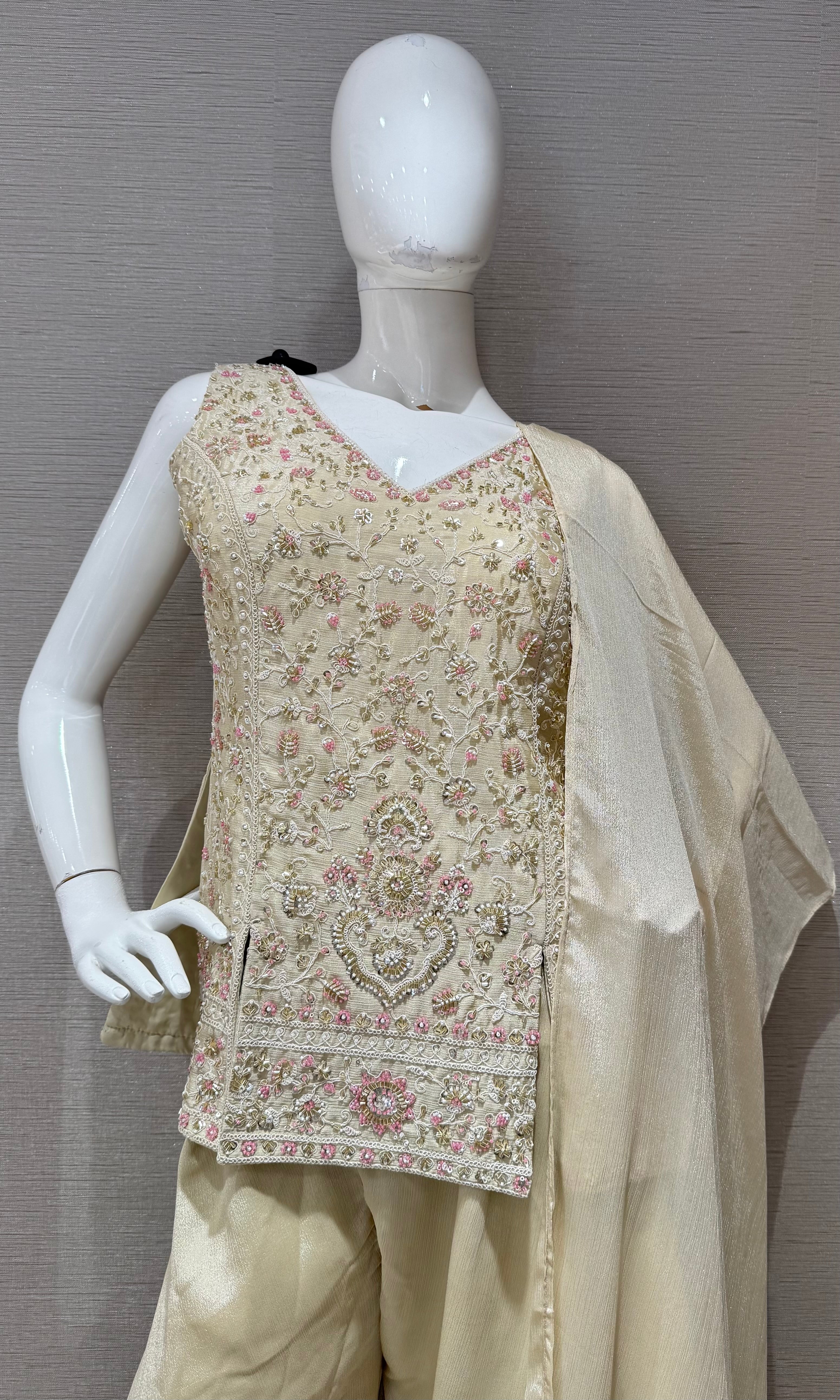 Cream Floral embroidered peplum palazzo set