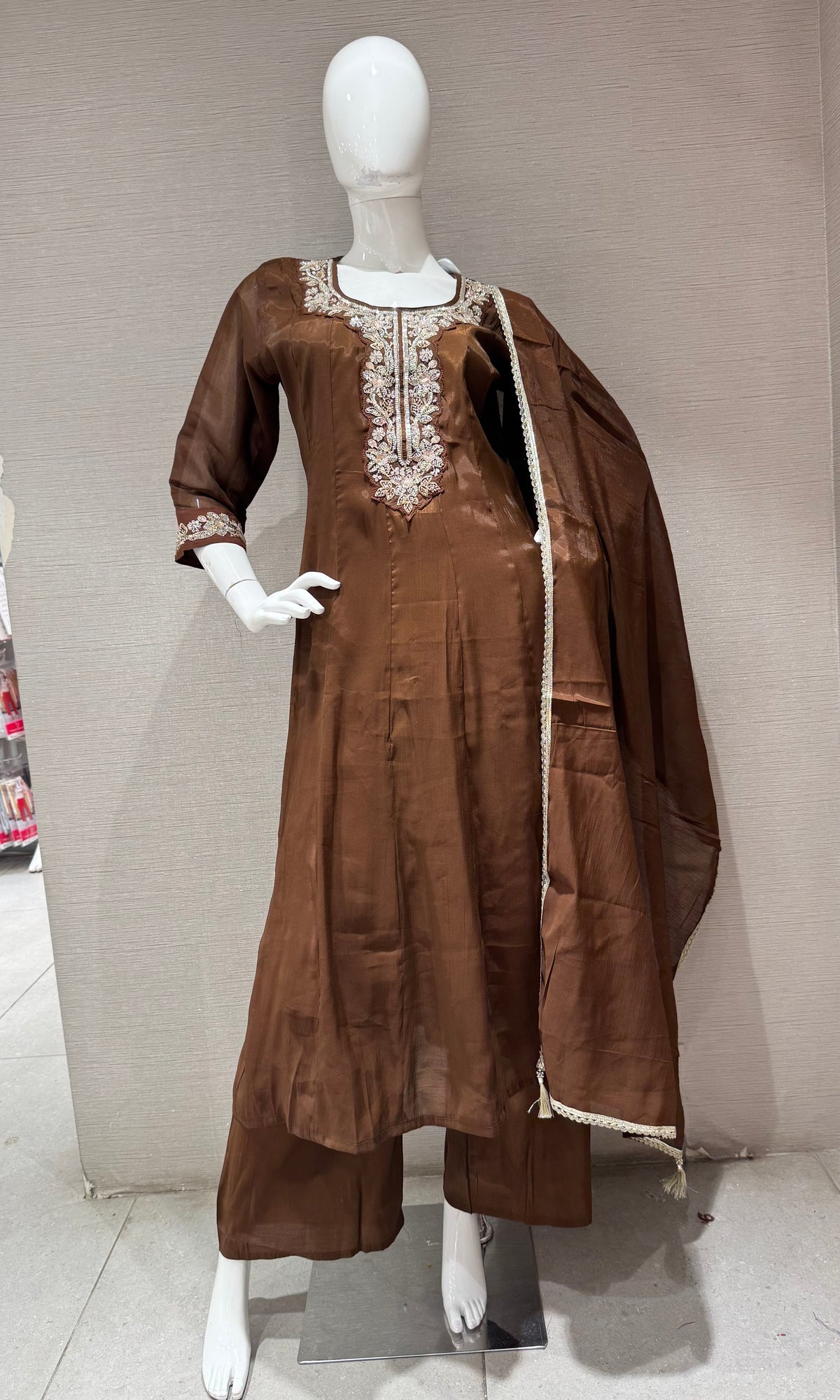 Brown Kurta set with Matching Sheer Dupatta