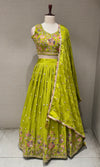 Green Tissue silk Multi Floral Crop Top Lehenga set
