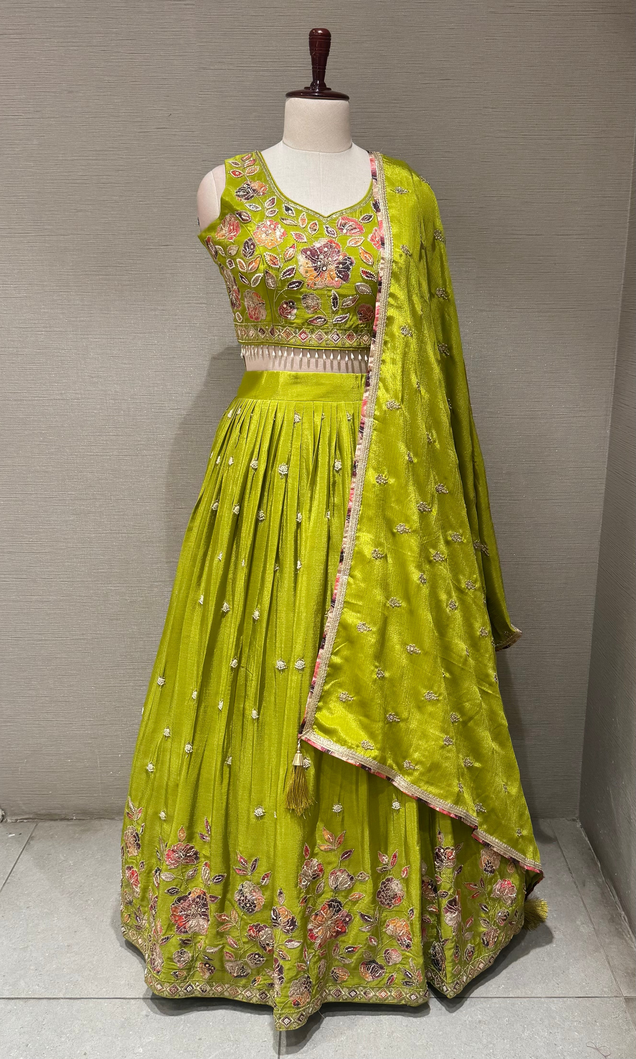 Green Tissue silk Multi Floral Crop Top Lehenga set
