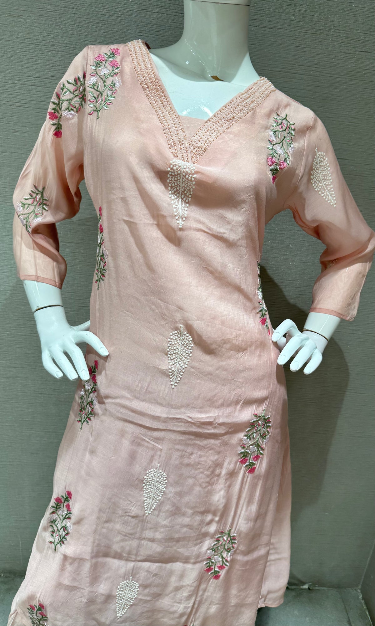 Peach Chanderi Silk Floral Embroidered Kurta Set with Dupatta