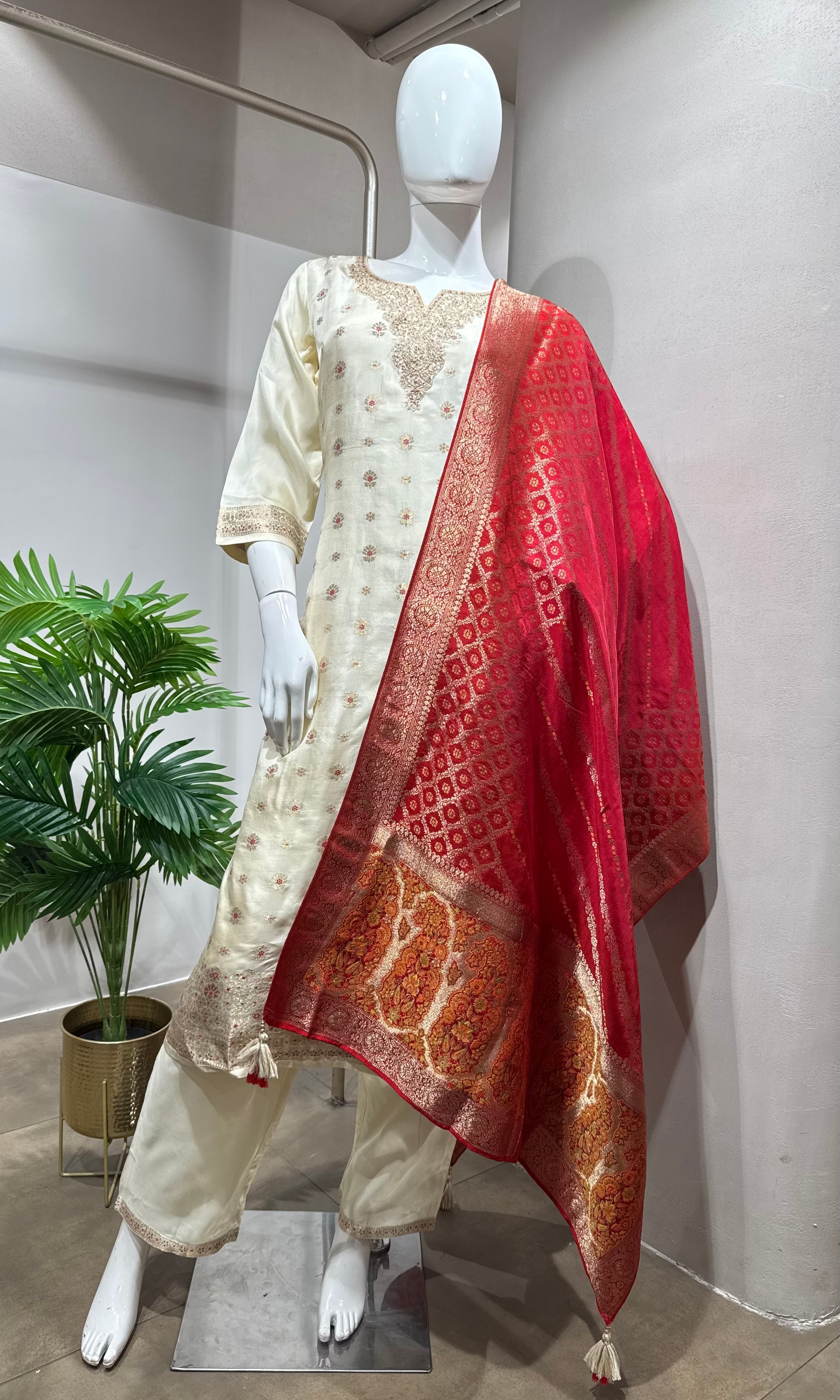HALF White Tissue Silk Embroidered & Dupatta