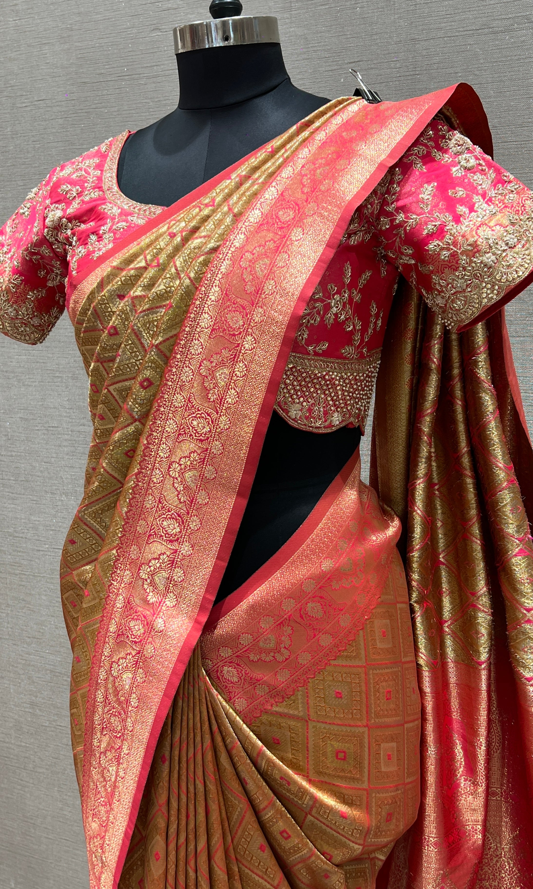 Pink saree with ready blouse
