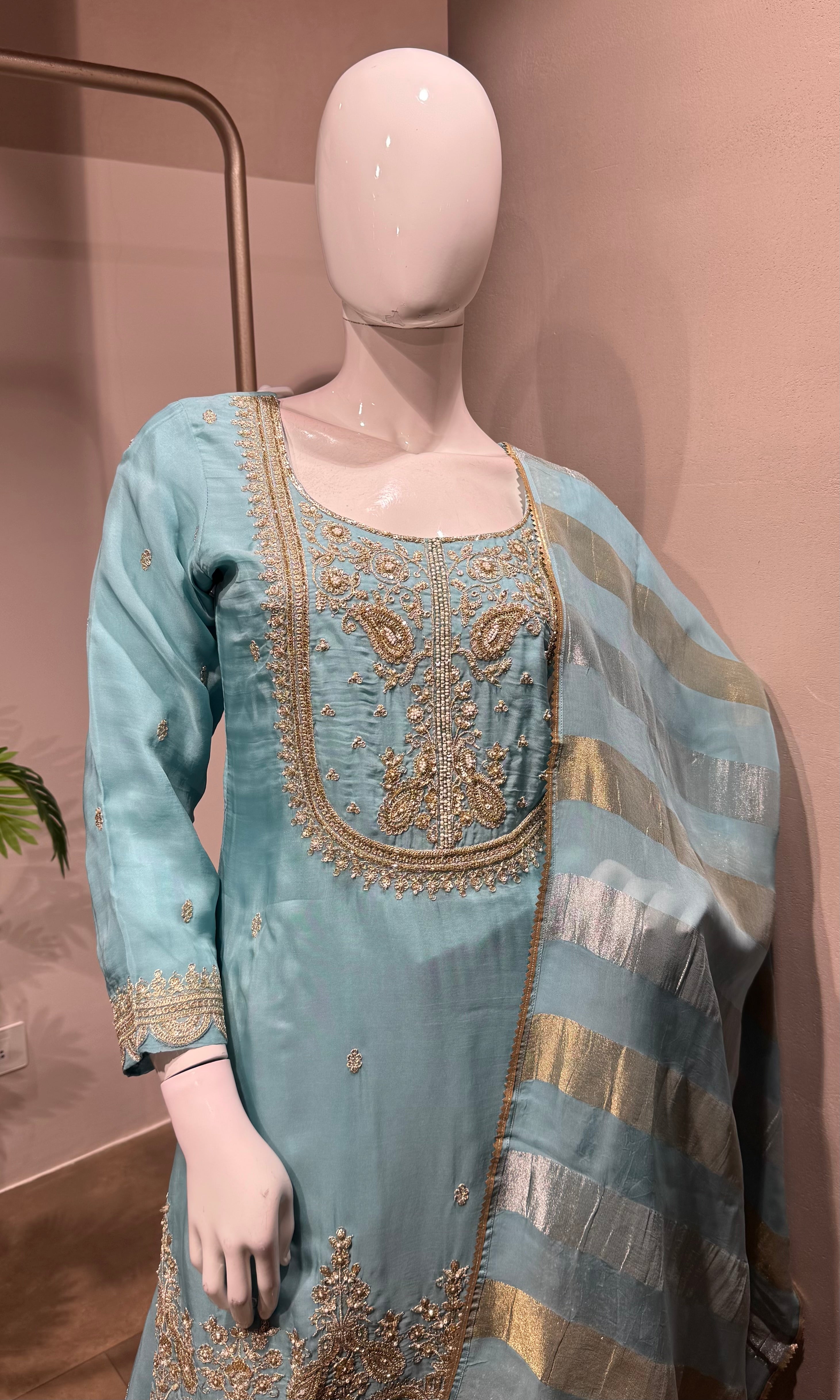 blue and gold embroidered sharara set